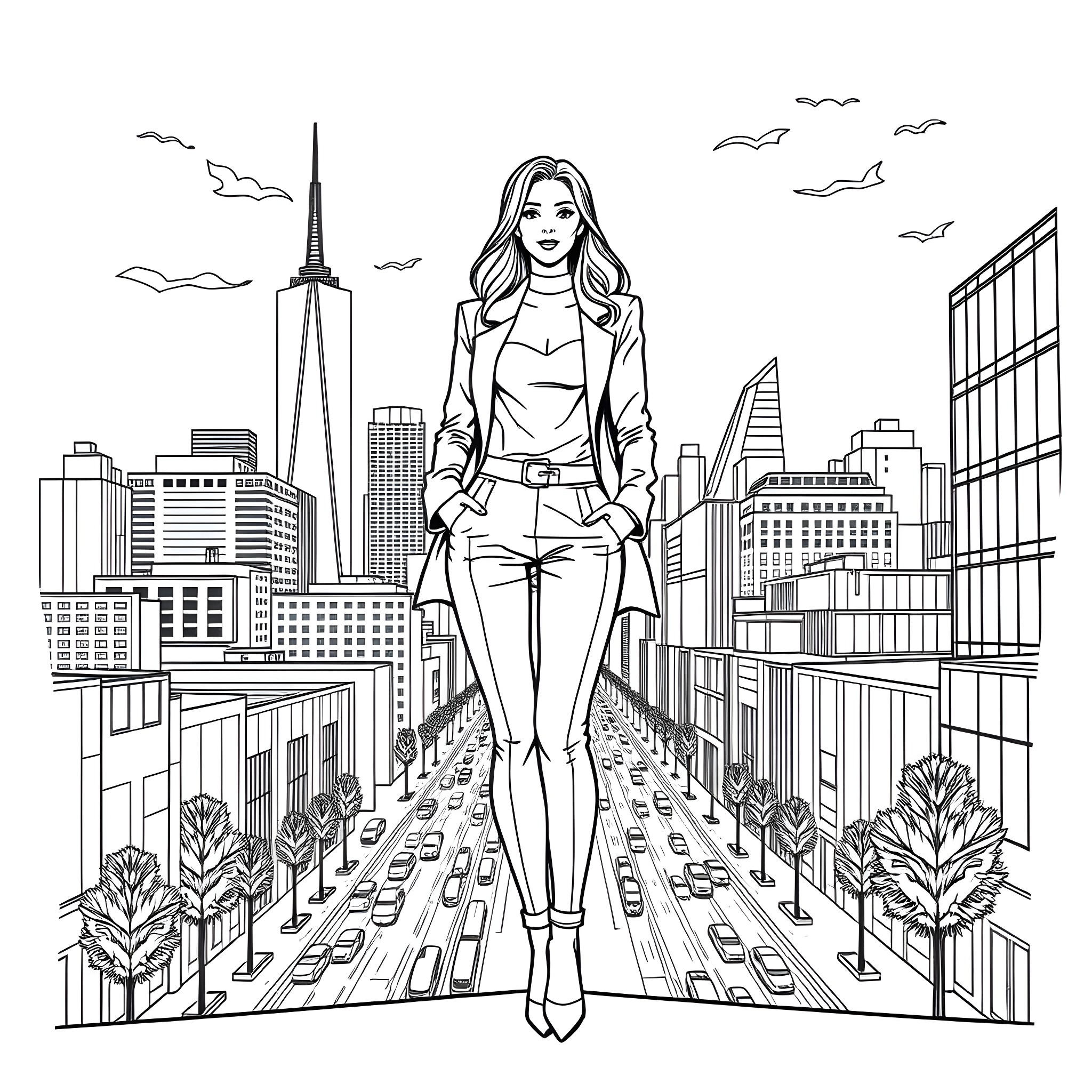 Angela White posing confidently in the city skyline Coloring Page (free black-and-white line drawing printable PDF for all, from beginners to advanced learners, including children, teens, adults, and seniors)