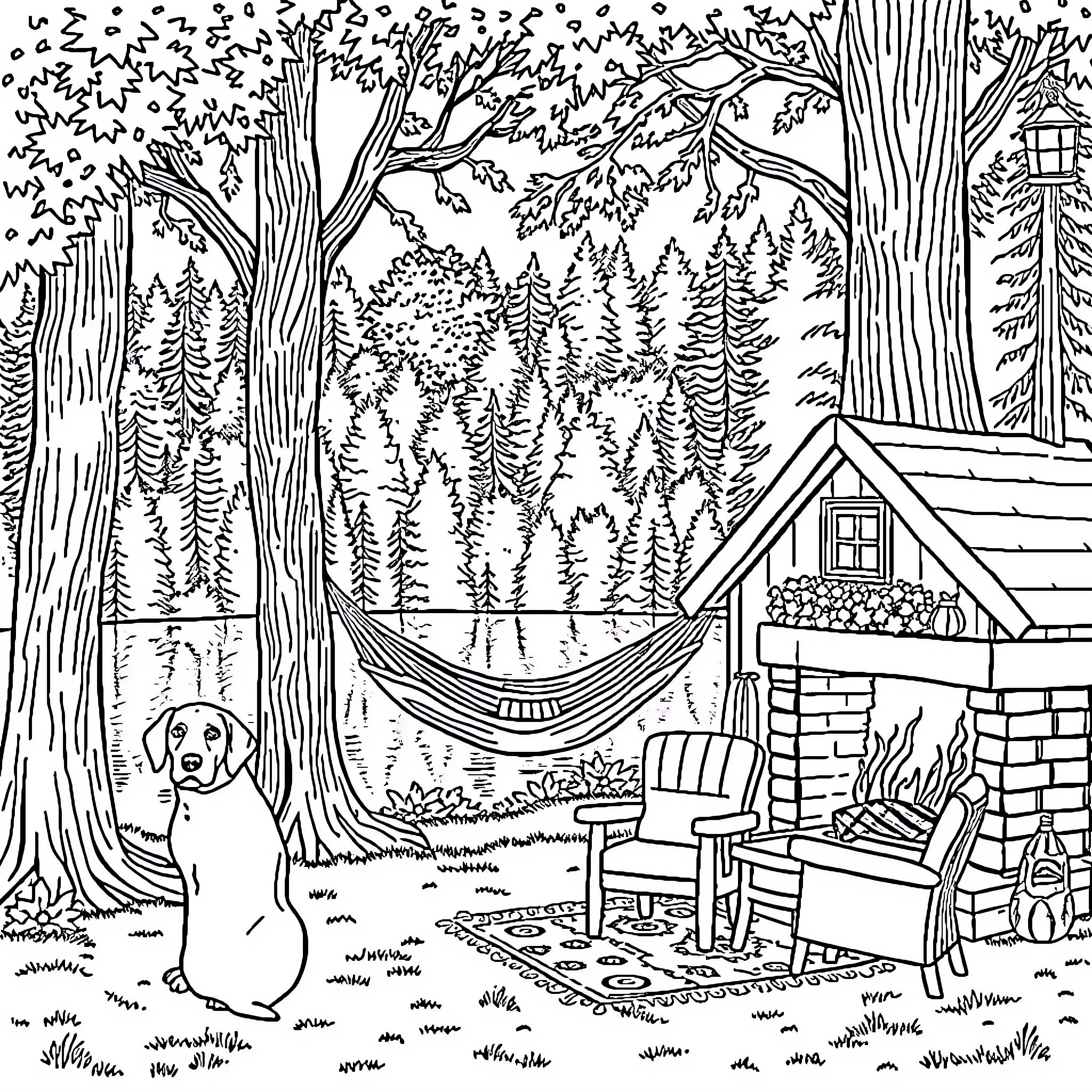 House in the Peaceful Forest with Dog Relaxing Coloring Page (free black-and-white line drawing printable PDF for all, from beginners to advanced learners, including children, teens, adults, and seniors)