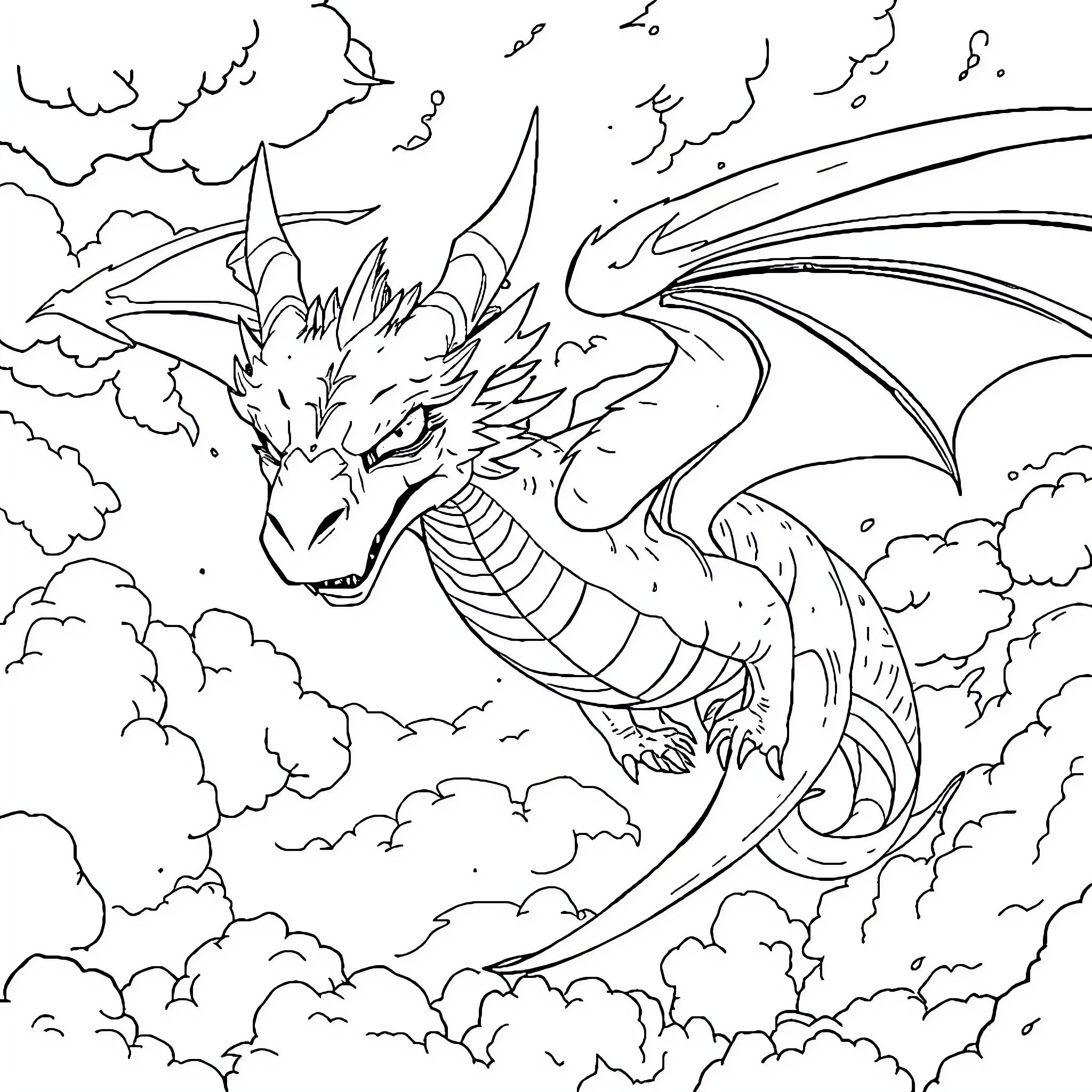 Dragon breathing fire amidst stormy clouds Coloring Page (free black-and-white line drawing printable PDF for all, from beginners to advanced learners, including children, teens, adults, and seniors)