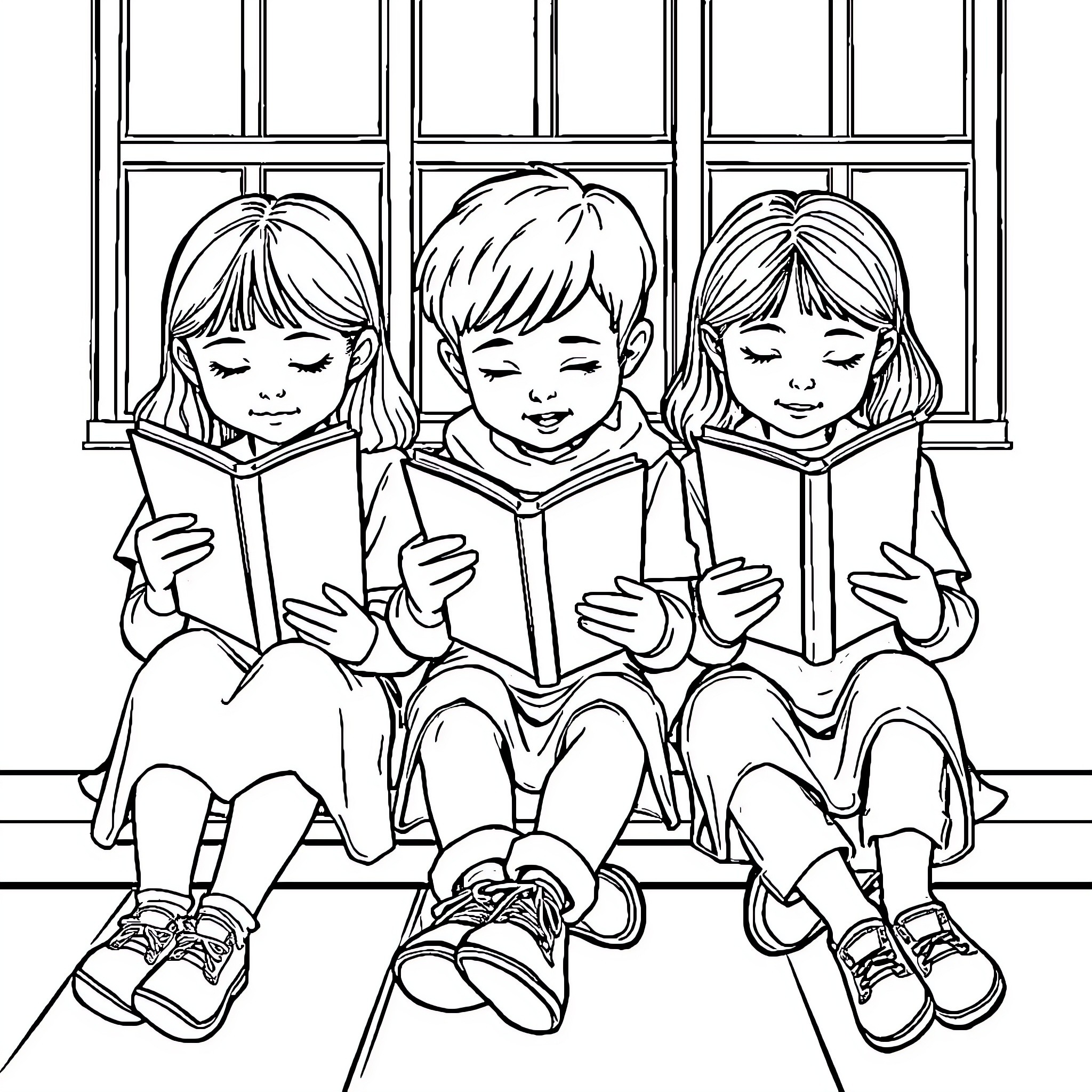 Child Trio Reading Books by the Window Coloring Page (free black-and-white line drawing printable PDF for all, from beginners to advanced learners, including children, teens, adults, and seniors)