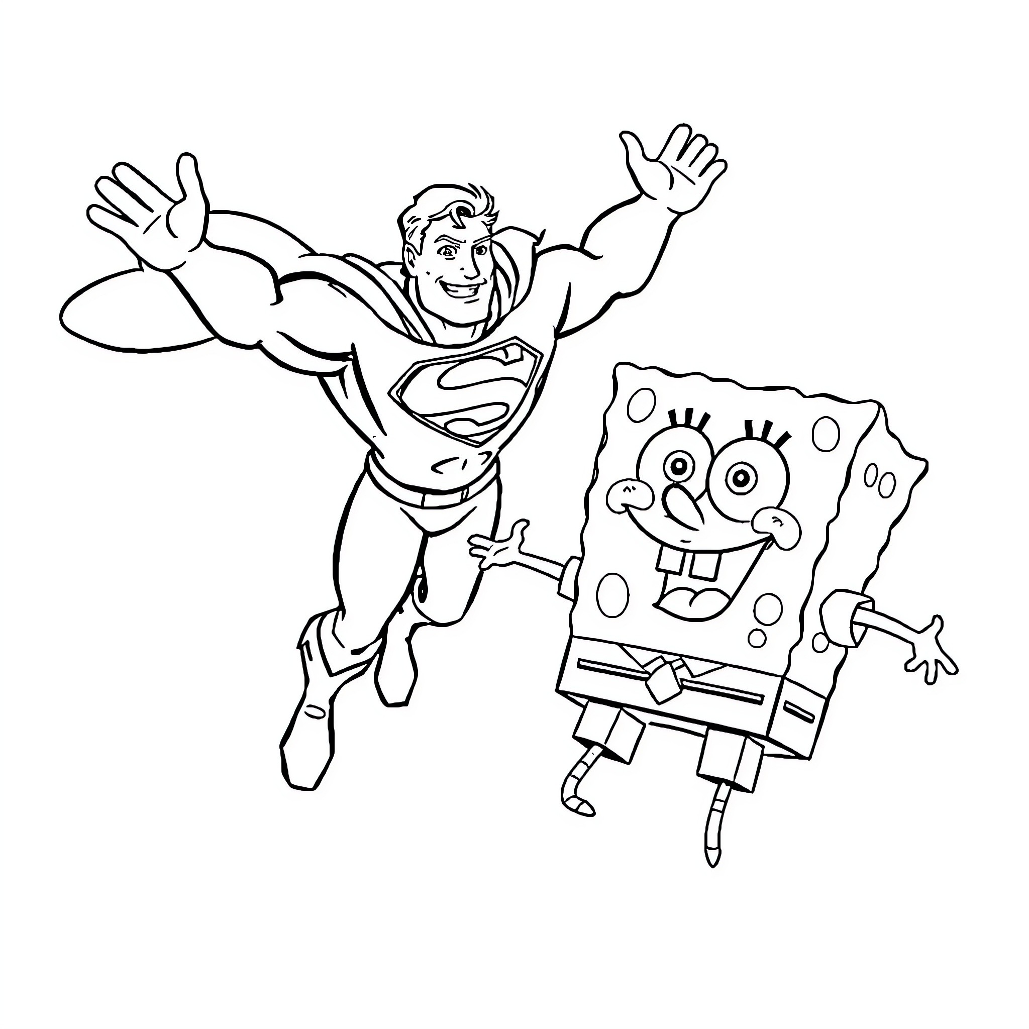 Superman Soars with Spongebob Sidekick Coloring Page (free black-and-white line drawing printable PDF for all, from beginners to advanced learners, including children, teens, adults, and seniors)