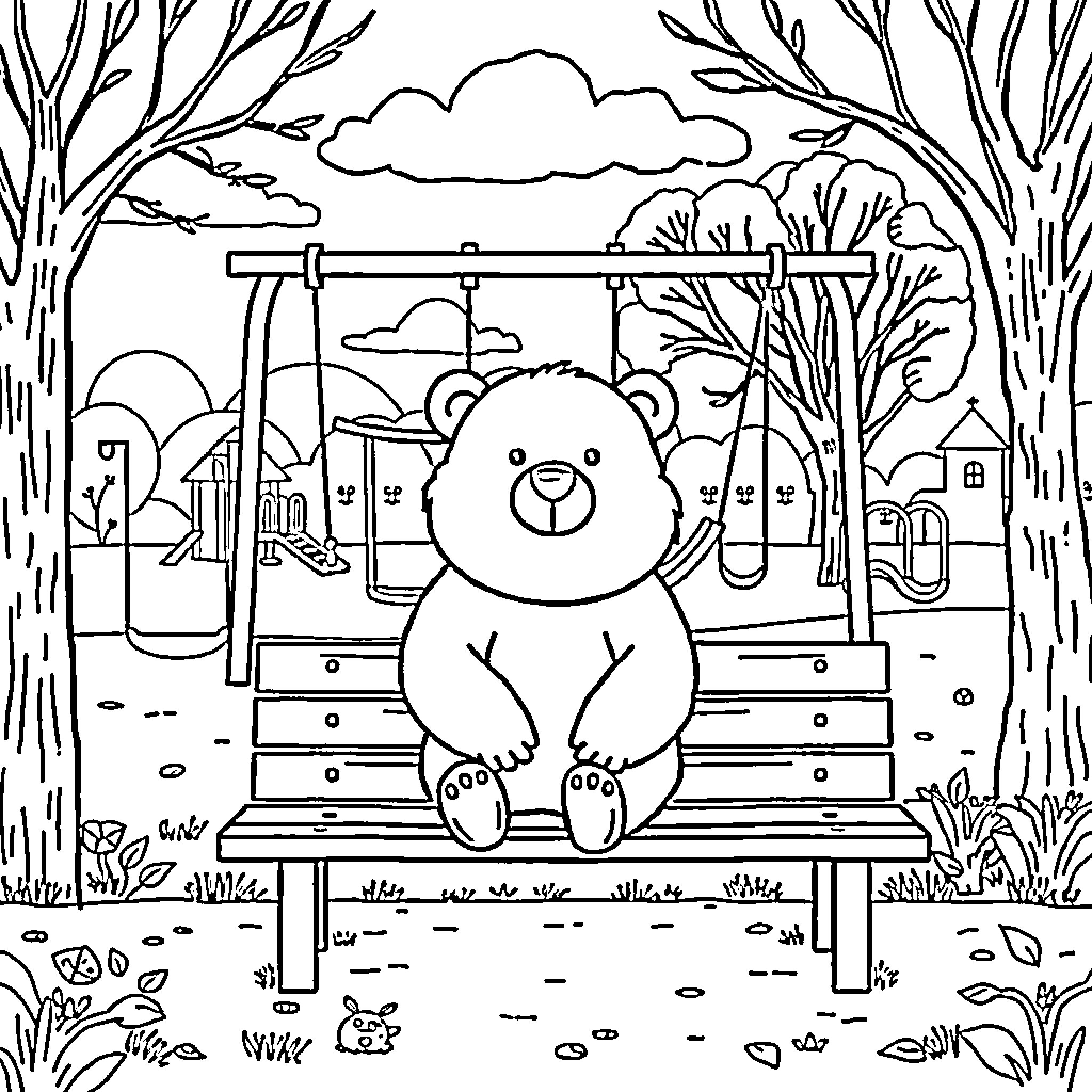 Bear sitting on a park bench surrounded by nature Coloring Page (free black-and-white line drawing printable PDF for all, from beginners to advanced learners, including children, teens, adults, and seniors)