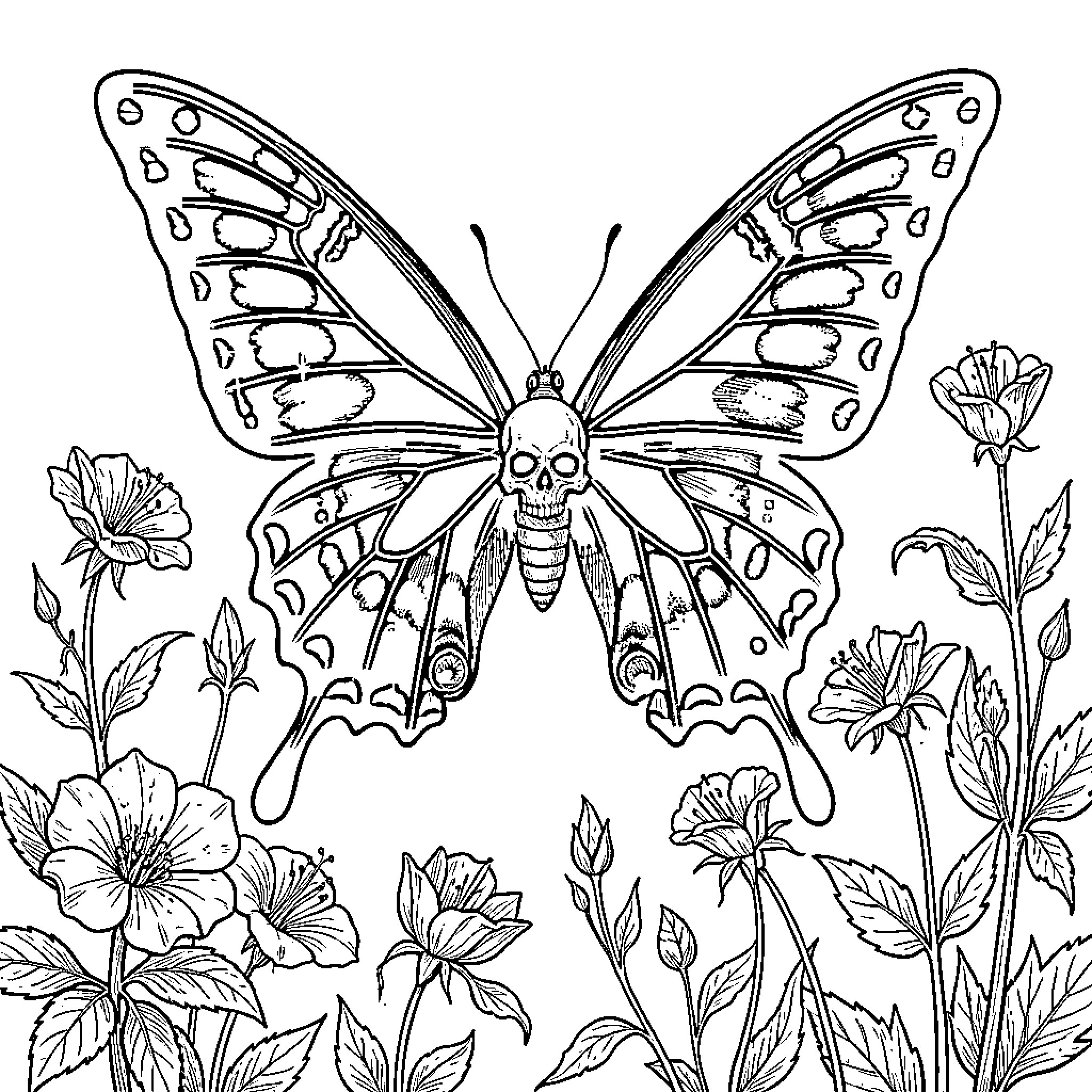 Butterfly with a skull-like head amid floral backdrop Coloring Page (free black-and-white line drawing printable PDF for all, from beginners to advanced learners, including children, teens, adults, and seniors)