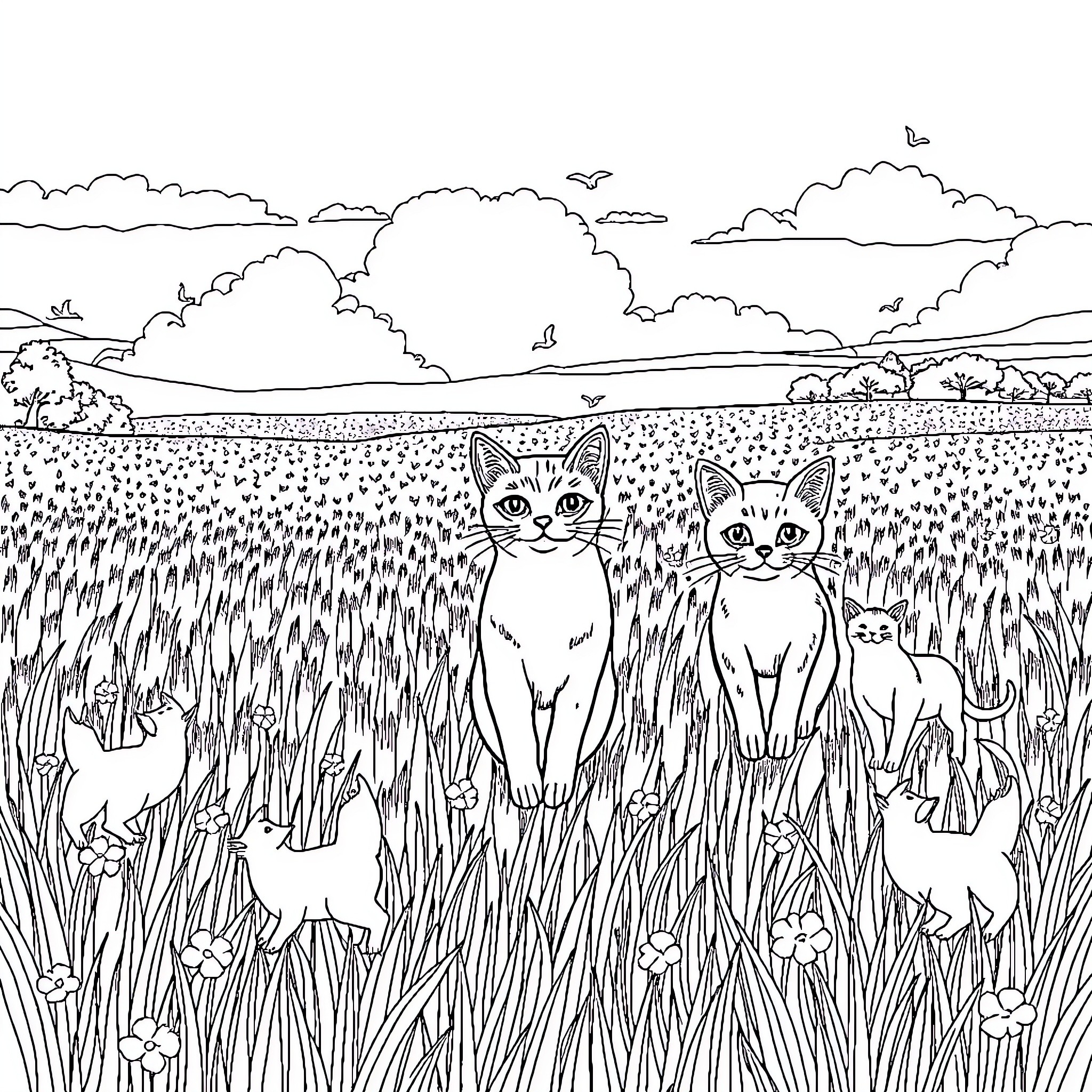 Pumpkin-shaped cats hiding in a tall field Coloring Page (free black-and-white line drawing printable PDF for all, from beginners to advanced learners, including children, teens, adults, and seniors)