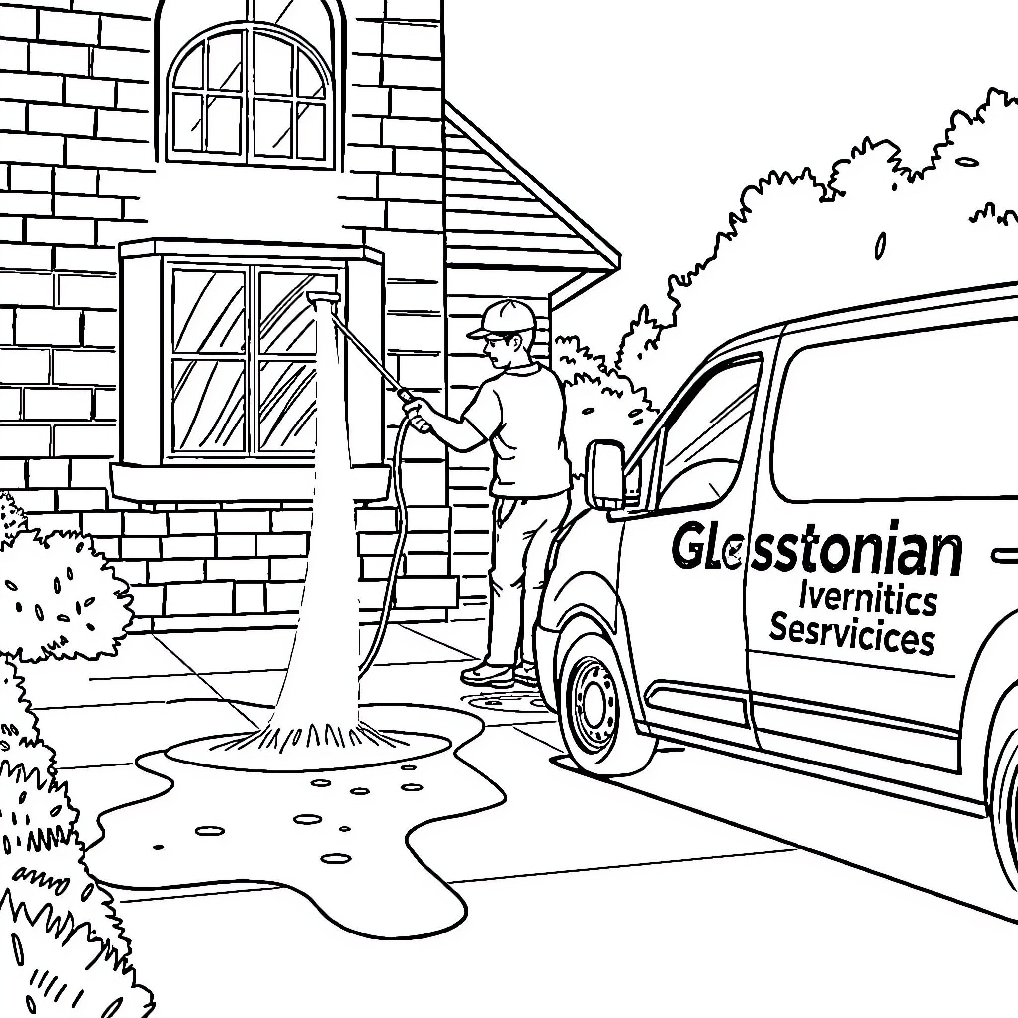 Window Cleaner at Work in Front of Brick Building Coloring Page (free black-and-white line drawing printable PDF for all, from beginners to advanced learners, including children, teens, adults, and seniors)