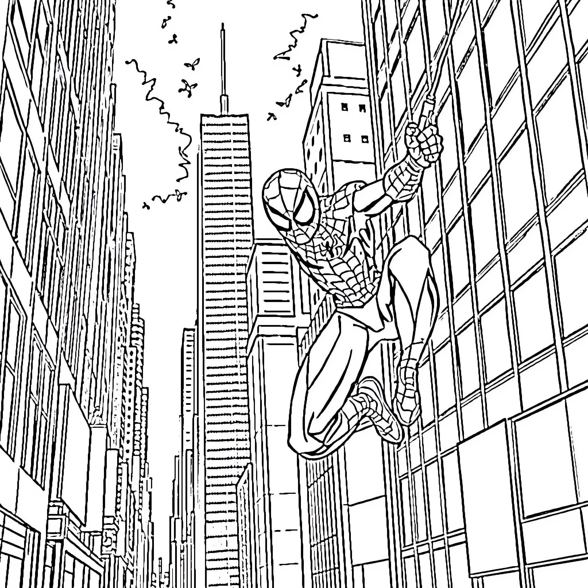 Spiderman swinging through the city skyscrapers Coloring Page (free black-and-white line drawing printable PDF for all, from beginners to advanced learners, including children, teens, adults, and seniors)