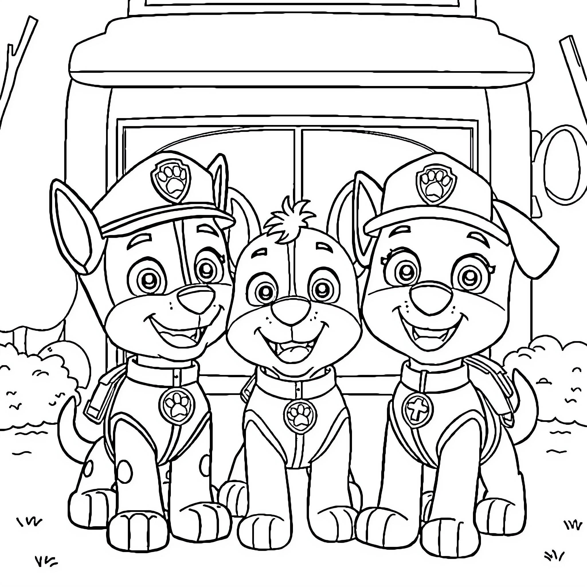 Paw Patrol Pups Smiling Happily in Uniform Coloring Page (free black-and-white line drawing printable PDF for all, from beginners to advanced learners, including children, teens, adults, and seniors)