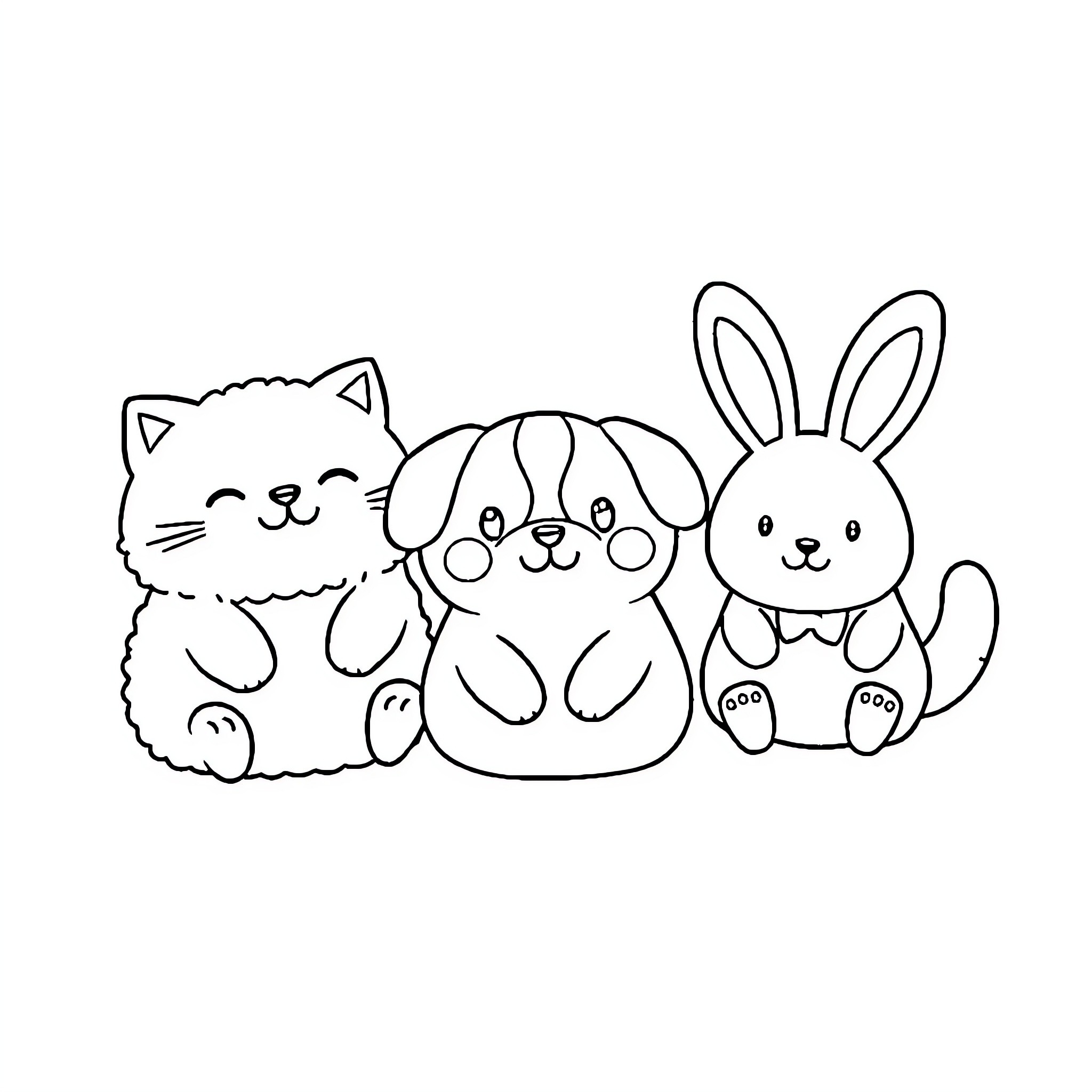 Squishmallow friends sitting together Coloring Page (free black-and-white line drawing printable PDF for all, from beginners to advanced learners, including children, teens, adults, and seniors)