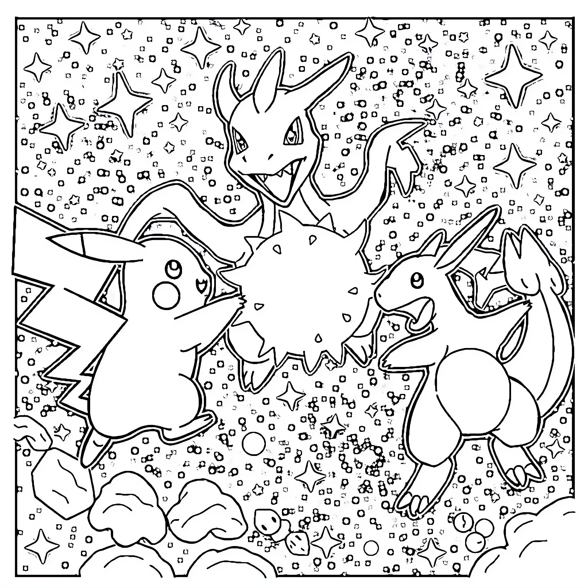 Pikachu and friends in a starry night scene Coloring Page (free black-and-white line drawing printable PDF for all, from beginners to advanced learners, including children, teens, adults, and seniors)