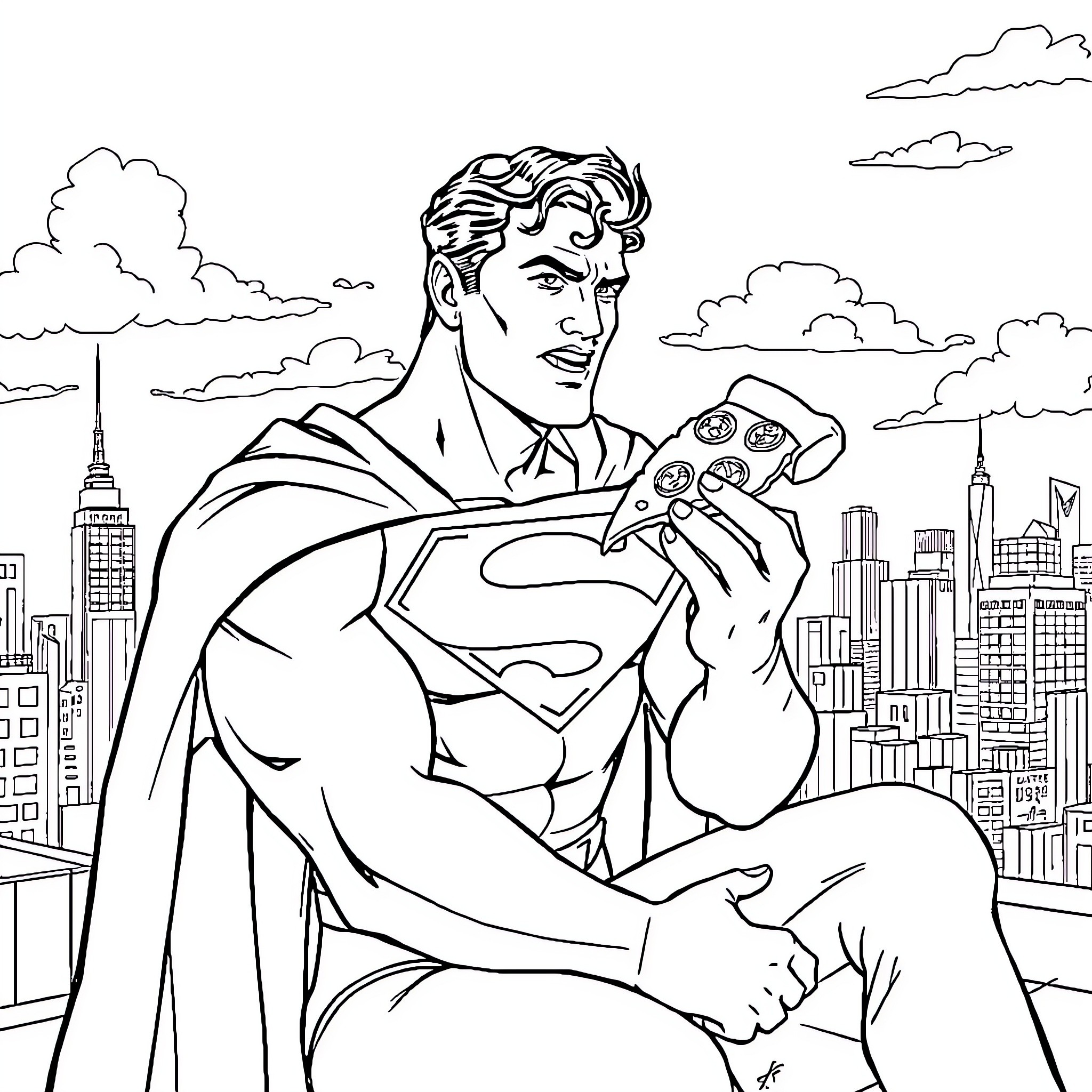 Superman playing video games in the city Coloring Page (free black-and-white line drawing printable PDF for all, from beginners to advanced learners, including children, teens, adults, and seniors)