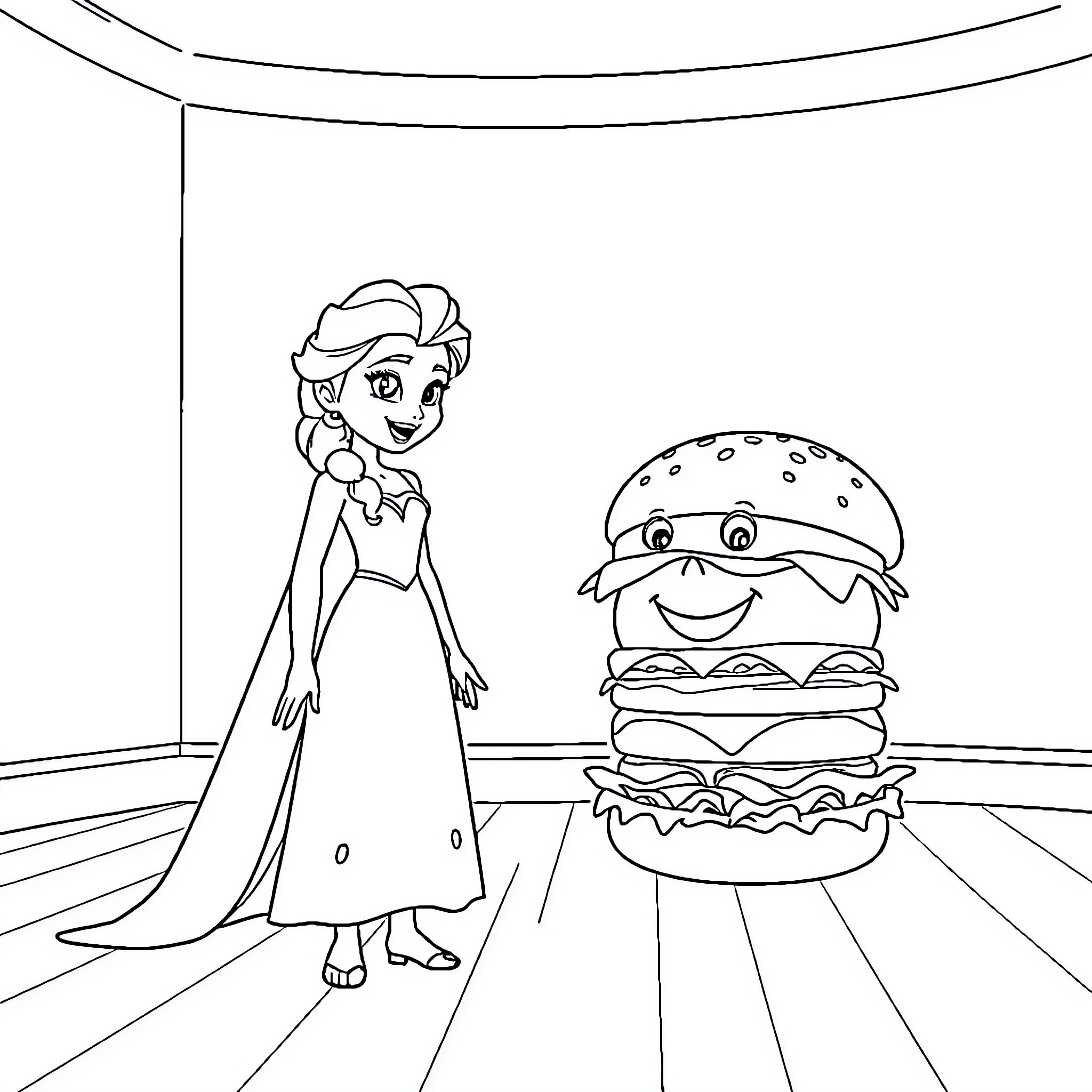 Elsa and the Giant Burger Coloring Page (free black-and-white line drawing printable PDF for all, from beginners to advanced learners, including children, teens, adults, and seniors)