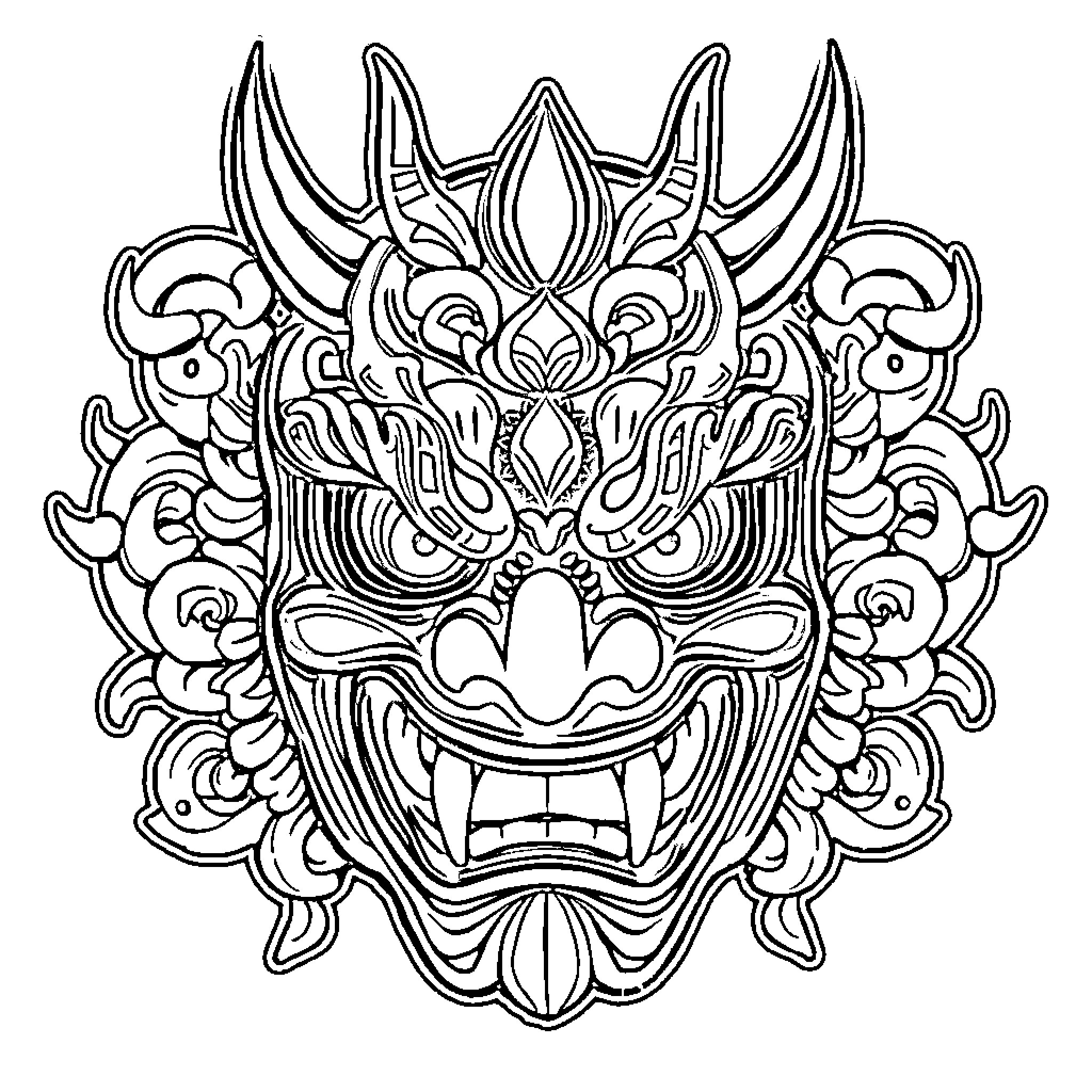 Hannya Mask with Intricate Demonic Expressions Coloring Page (free black-and-white line drawing printable PDF for all, from beginners to advanced learners, including children, teens, adults, and seniors)