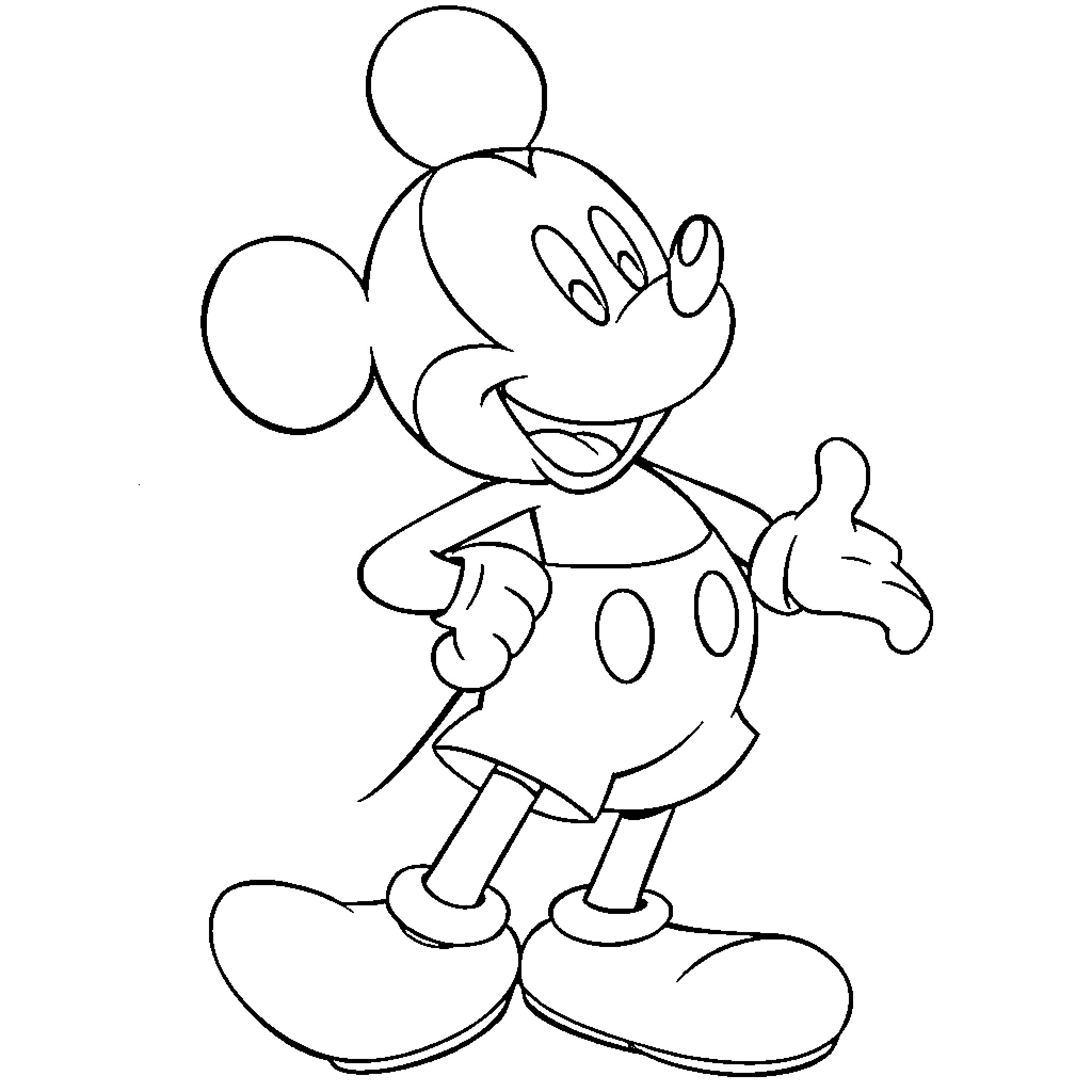 Mickey Mouse happily waving in classic style Coloring Page (free black-and-white line drawing printable PDF for all, from beginners to advanced learners, including children, teens, adults, and seniors)
