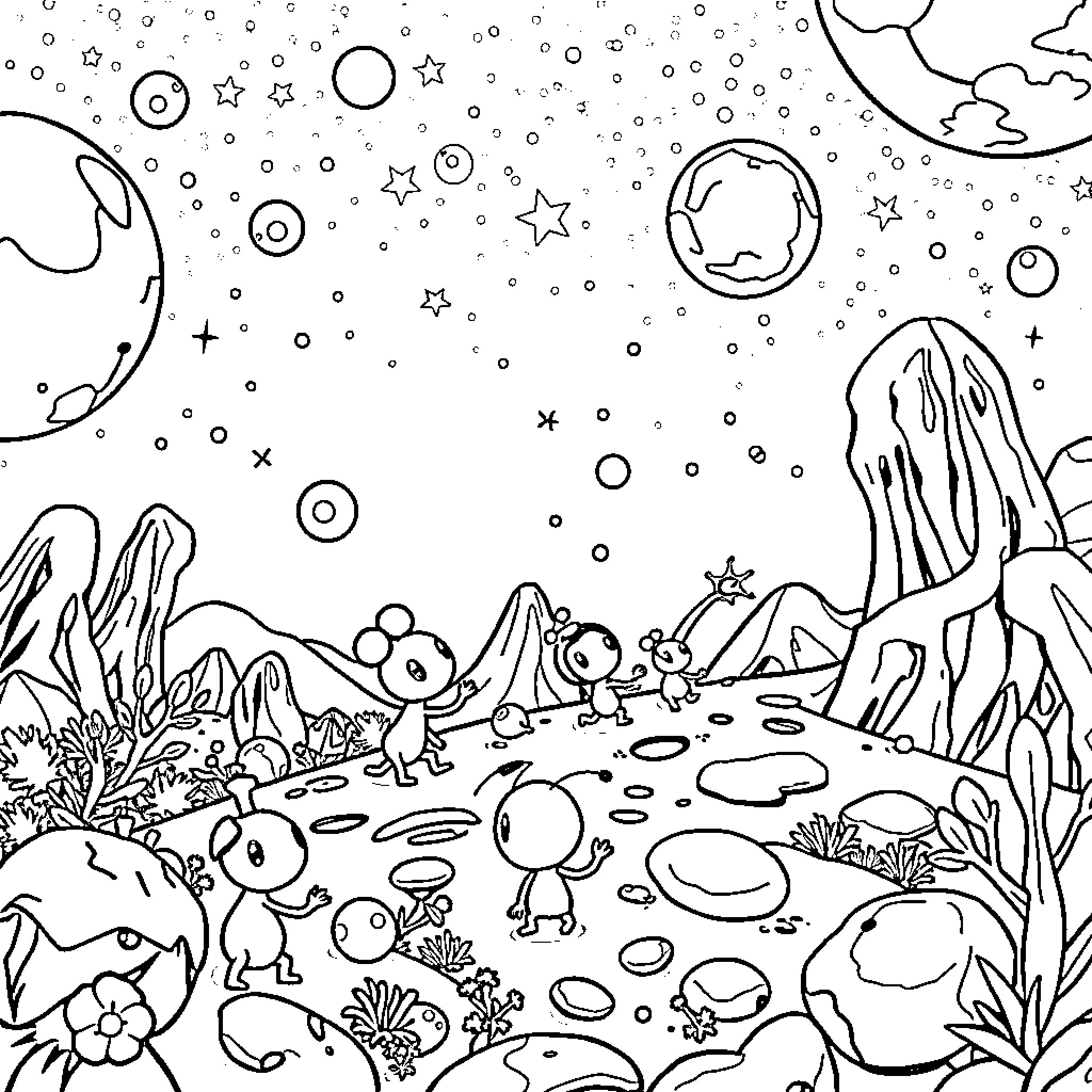 Pikmin exploring whimsical cosmic landscape Coloring Page (free black-and-white line drawing printable PDF for all, from beginners to advanced learners, including children, teens, adults, and seniors)