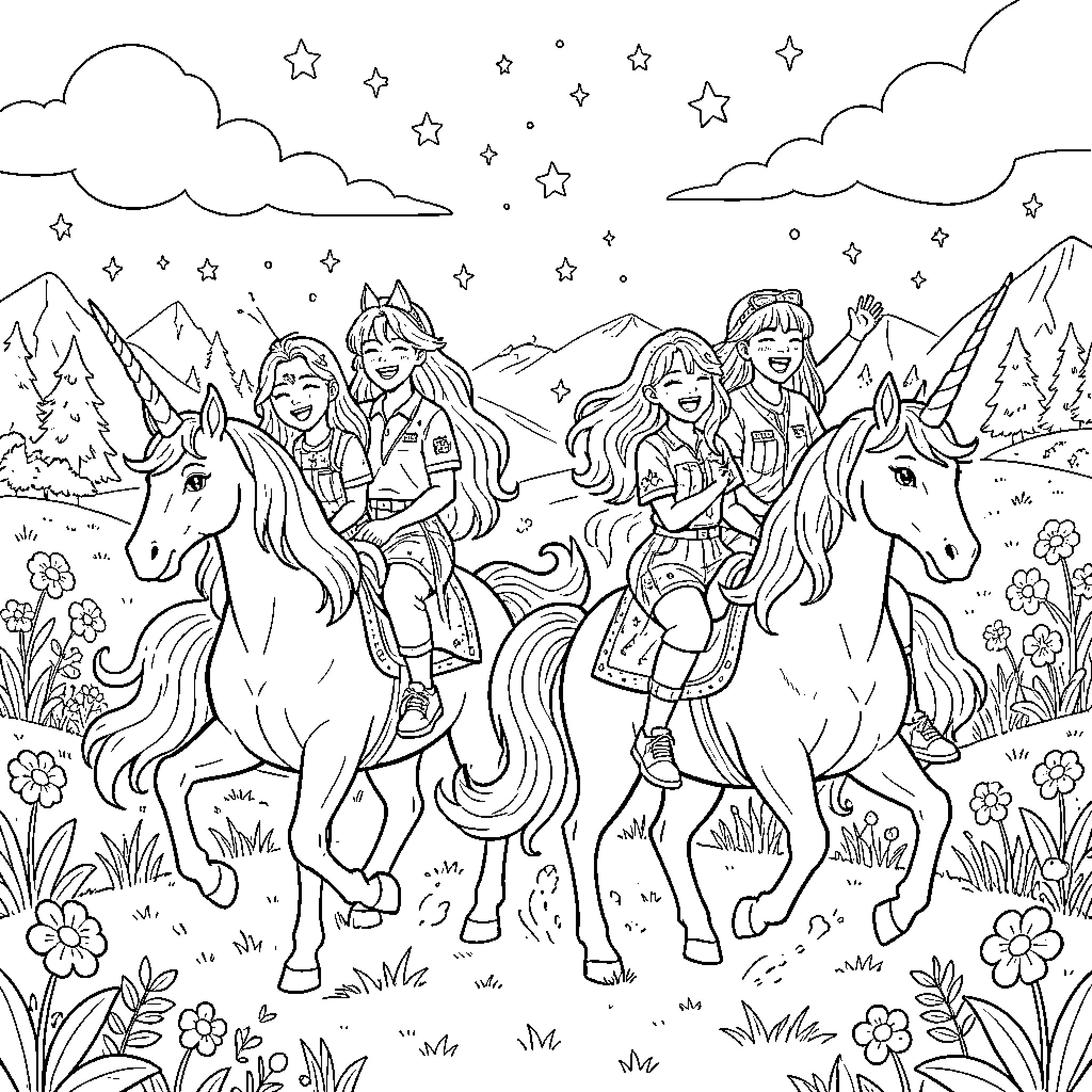Kpop idols smiling while riding unicorns through a meadow Coloring Page (free black-and-white line drawing printable PDF for all, from beginners to advanced learners, including children, teens, adults, and seniors)