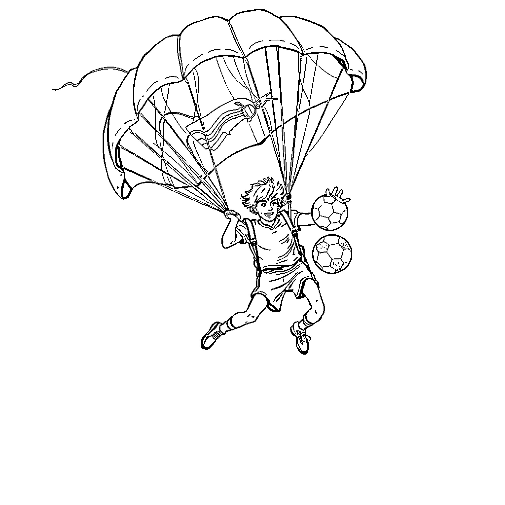 Handball Player Skydiving with Soccer Balls Coloring Page (free black-and-white line drawing printable PDF for all, from beginners to advanced learners, including children, teens, adults, and seniors)