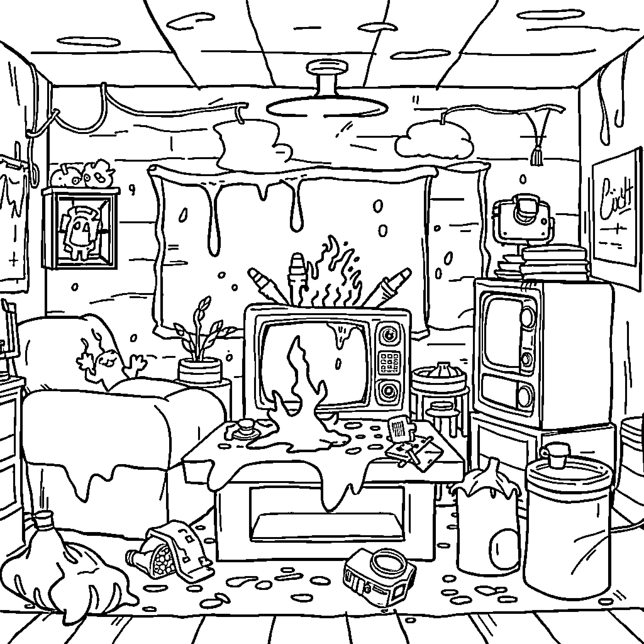 TV Show Featuring Chaotic and Surreal Cartoon Interior Coloring Page (free black-and-white line drawing printable PDF for all, from beginners to advanced learners, including children, teens, adults, and seniors)