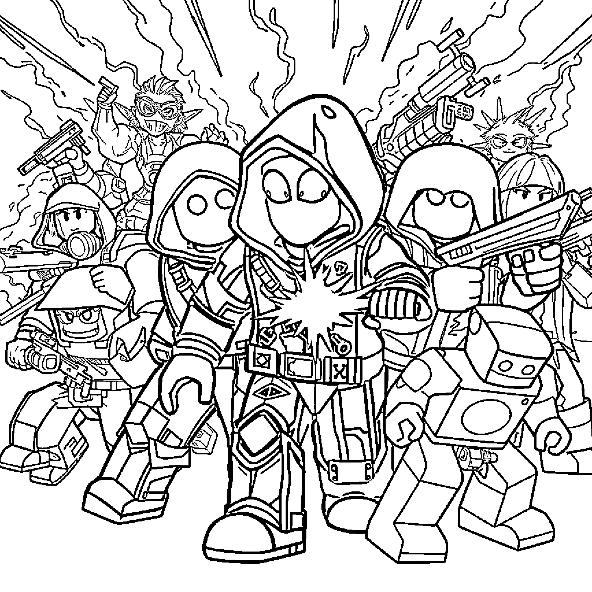 Scp Characters in Action-Packed Scene Coloring Page (free black-and-white line drawing printable PDF for all, from beginners to advanced learners, including children, teens, adults, and seniors)
