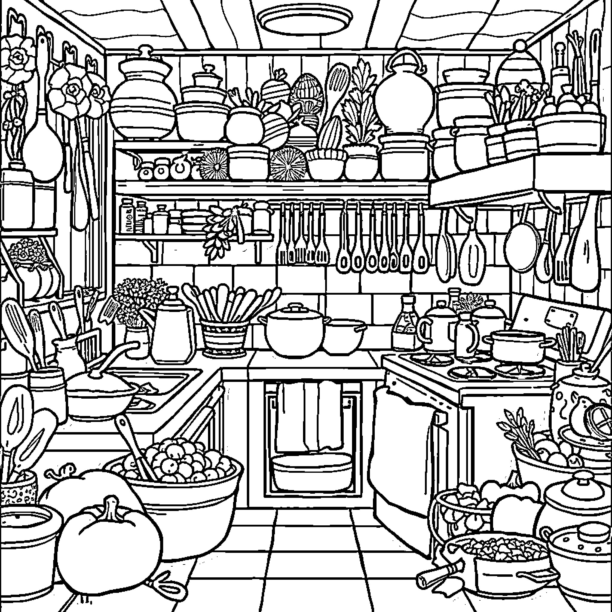 Kitchen Filled with Diverse Cooking Utensils and Appliances Coloring Page (free black-and-white line drawing printable PDF for all, from beginners to advanced learners, including children, teens, adults, and seniors)