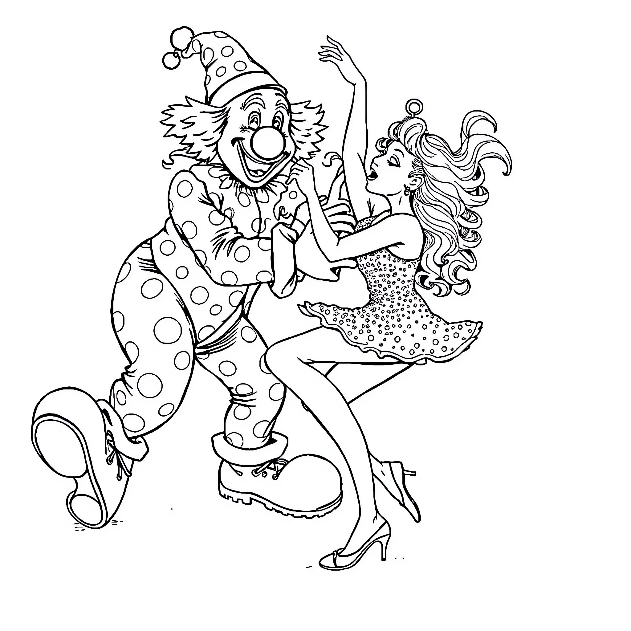 Clown entertaining a dancing woman in spotty costume Coloring Page (free black-and-white line drawing printable PDF for all, from beginners to advanced learners, including children, teens, adults, and seniors)