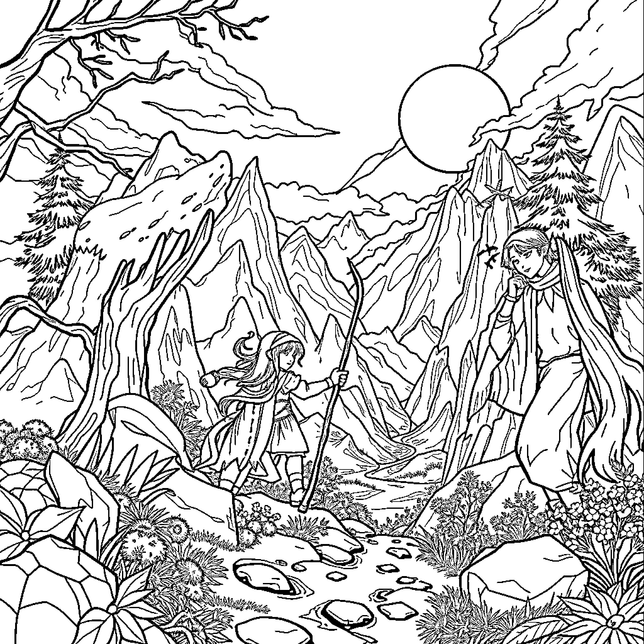 Huntrix Exploring the Enchanted Wilderness Coloring Page (free black-and-white line drawing printable PDF for all, from beginners to advanced learners, including children, teens, adults, and seniors)