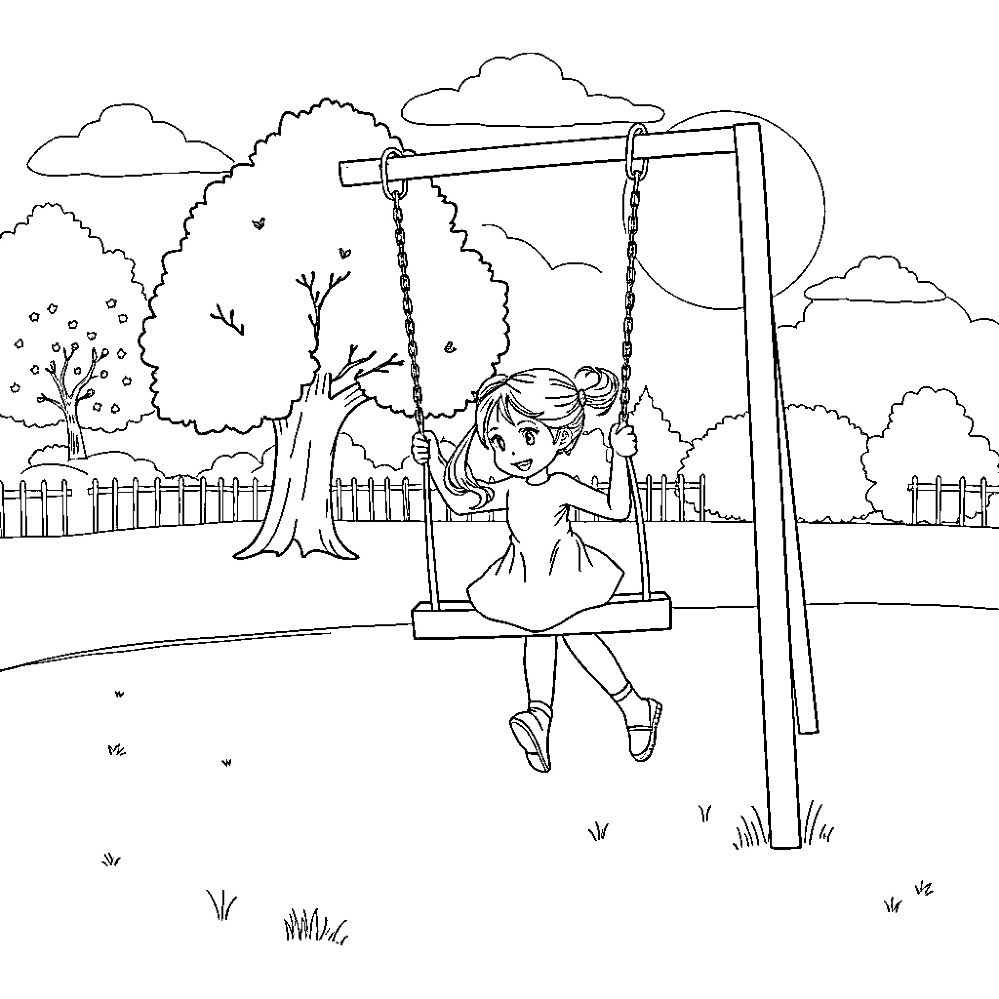Girl happily swinging in the park Coloring Page (free black-and-white line drawing printable PDF for all, from beginners to advanced learners, including children, teens, adults, and seniors)