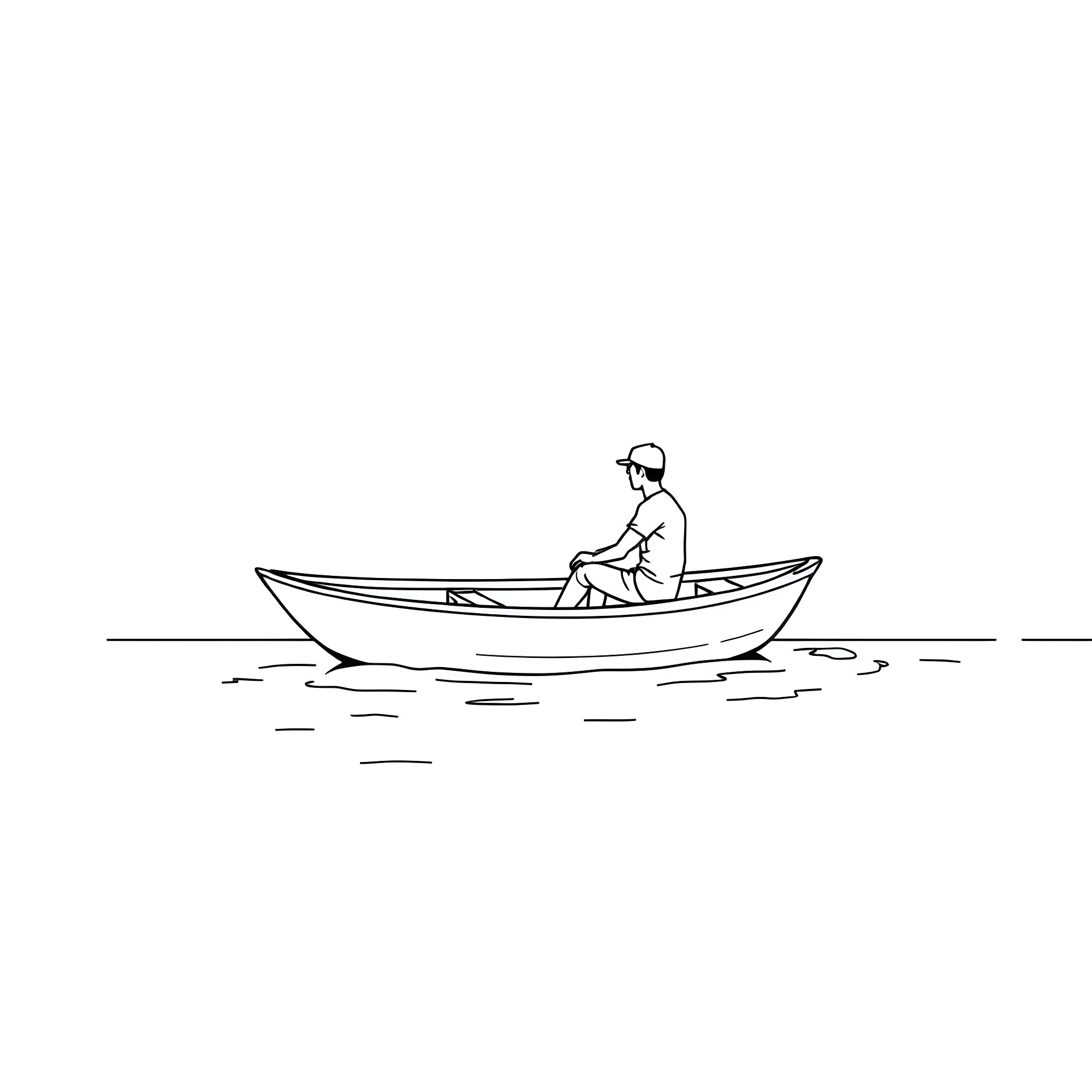 Man in boat on calm waters Coloring Page (free black-and-white line drawing printable PDF for all, from beginners to advanced learners, including children, teens, adults, and seniors)