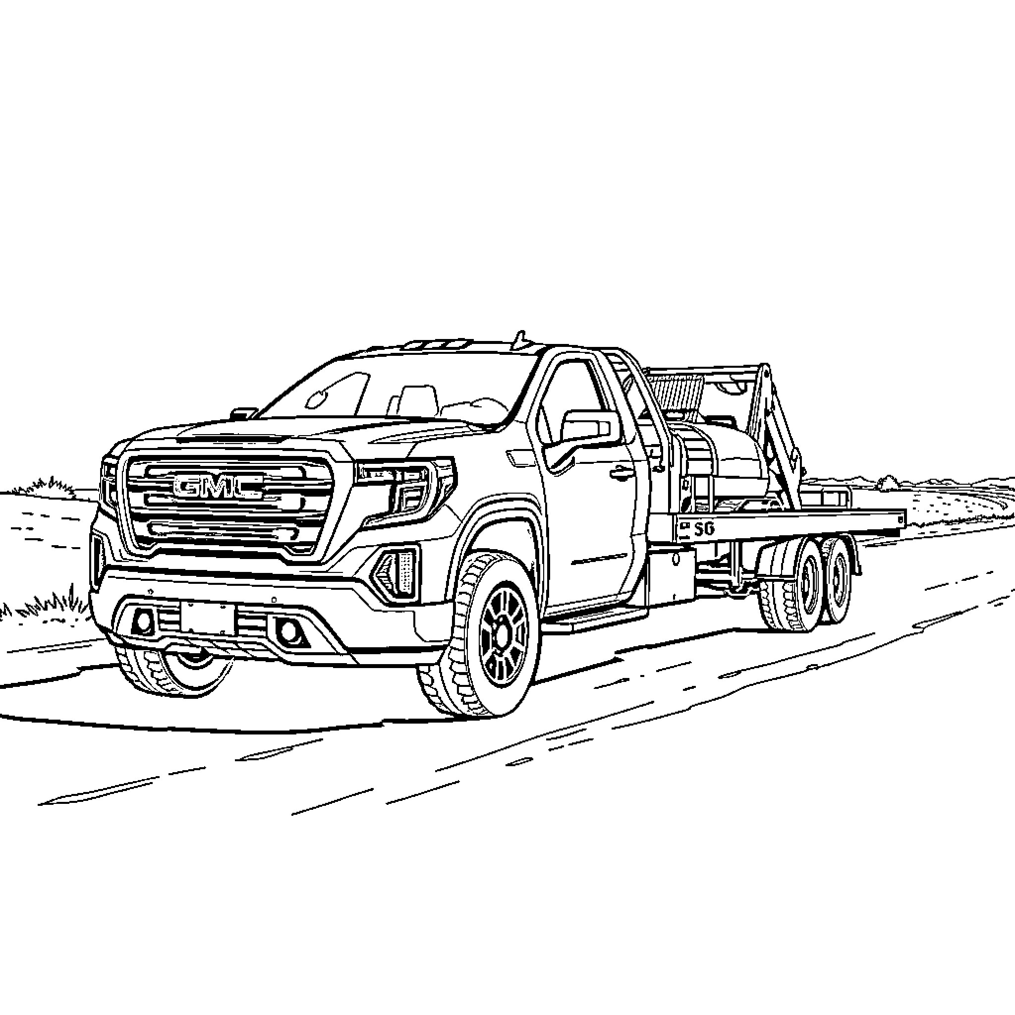 Gmc Truck Hauling Heavy Equipment on the Road Coloring Page (free black-and-white line drawing printable PDF for all, from beginners to advanced learners, including children, teens, adults, and seniors)