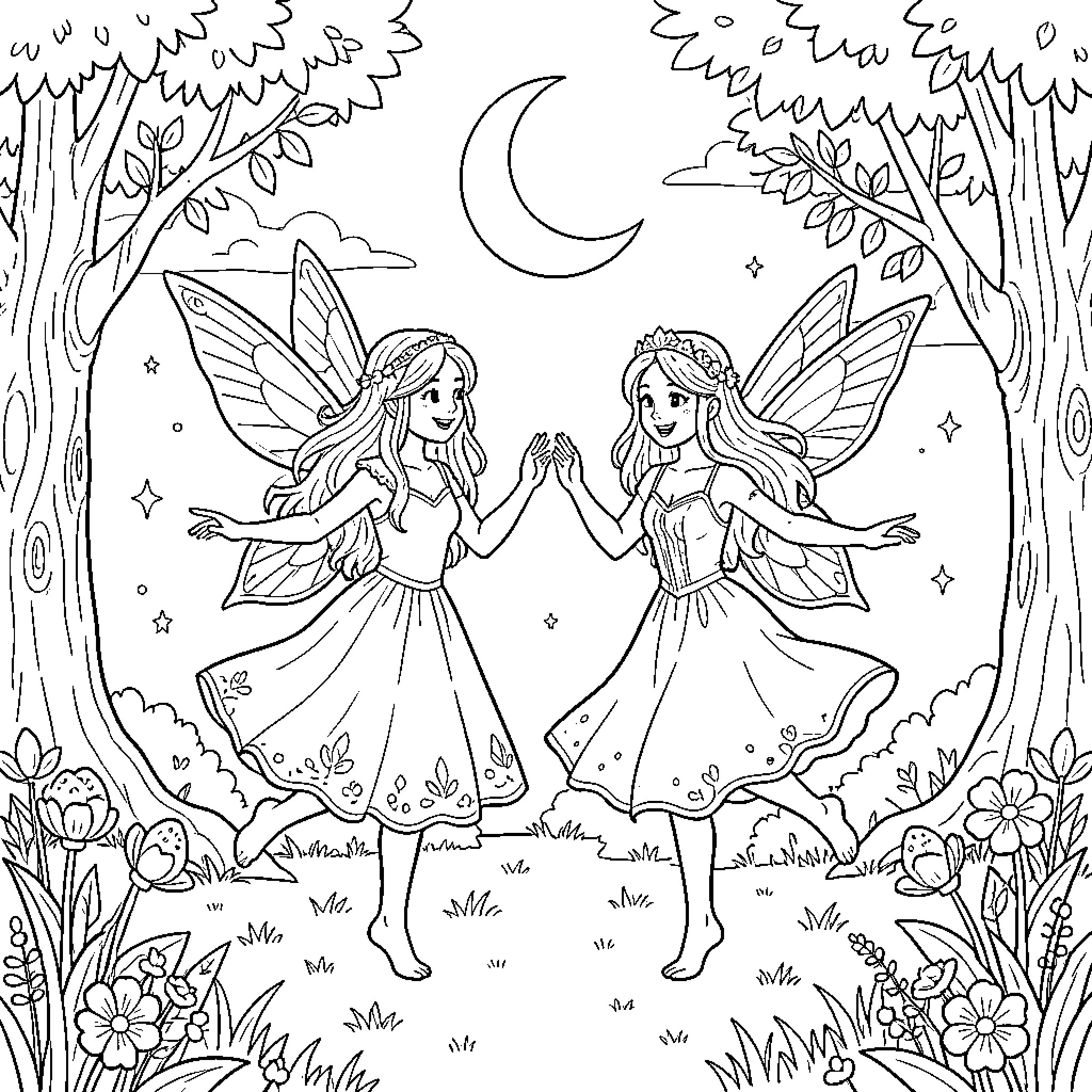 Fairy twins dancing joyfully in a magical forest Coloring Page (free black-and-white line drawing printable PDF for all, from beginners to advanced learners, including children, teens, adults, and seniors)