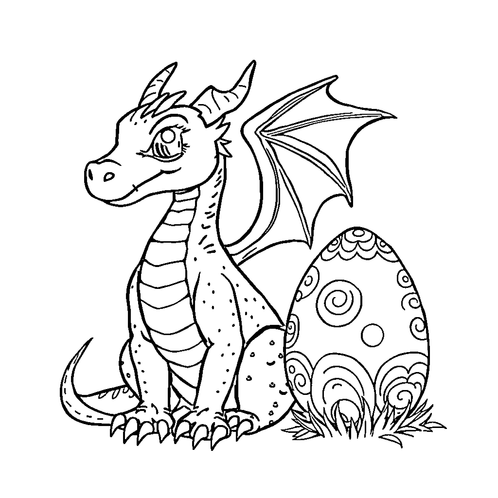 Dragon Hatchling with Ornate Egg Coloring Page (free black-and-white line drawing printable PDF for all, from beginners to advanced learners, including children, teens, adults, and seniors)
