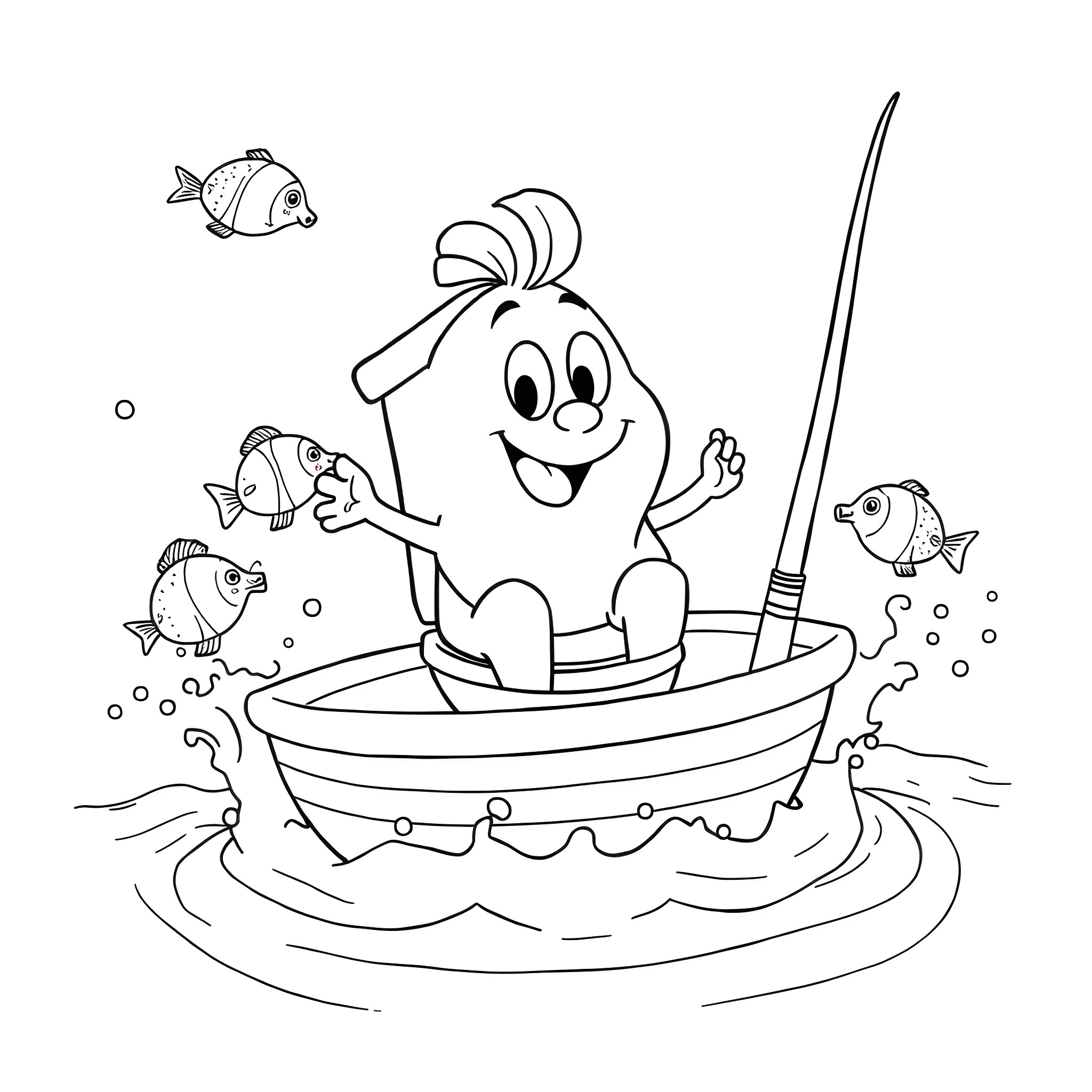 Skibidi Toilet Fun with Cartoon Fish in Boat Coloring Page (free black-and-white line drawing printable PDF for all, from beginners to advanced learners, including children, teens, adults, and seniors)