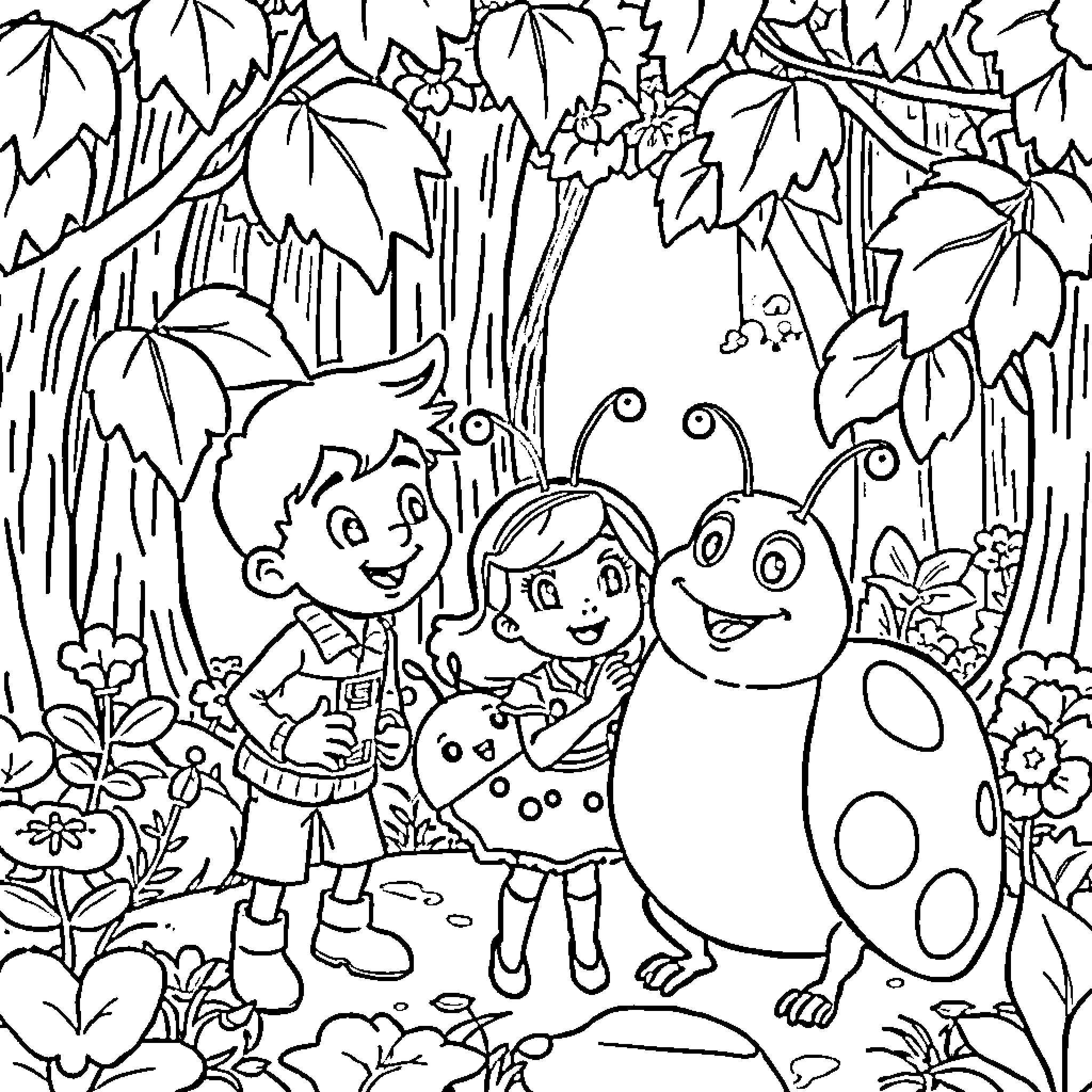 Ben Exploring the Enchanting Forest with Friends Coloring Page (free black-and-white line drawing printable PDF for all, from beginners to advanced learners, including children, teens, adults, and seniors)