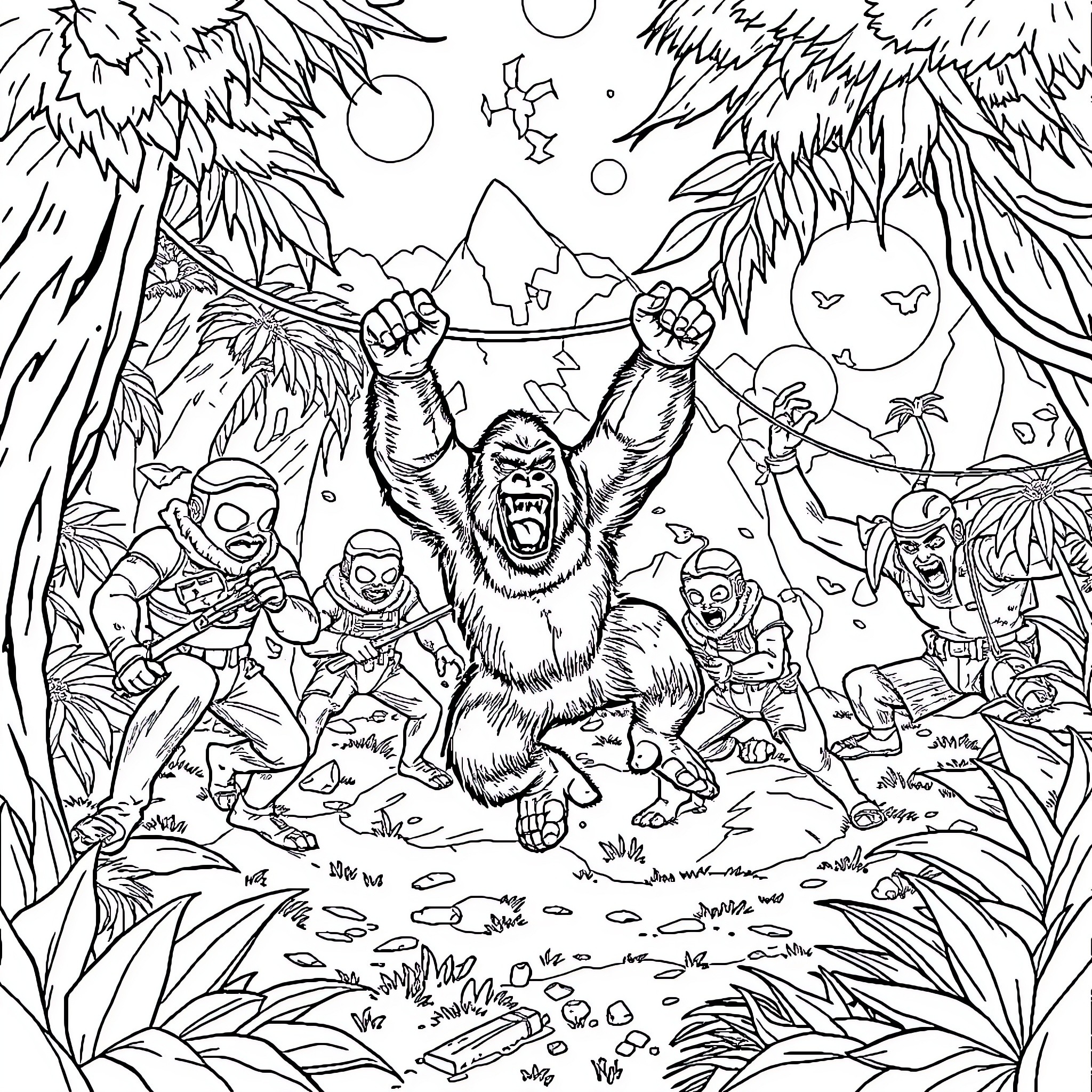 Gorilla Leads Troop Through Lush Jungle Landscape Coloring Page (free black-and-white line drawing printable PDF for all, from beginners to advanced learners, including children, teens, adults, and seniors)