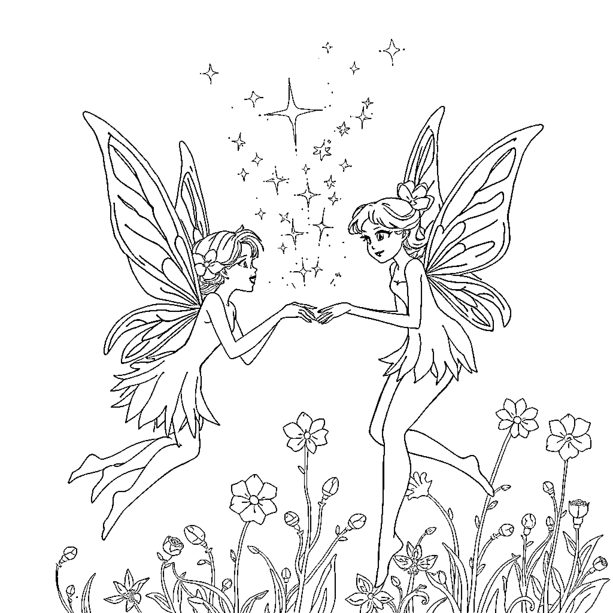 Fairy Duo Sharing a Magical Moment in the Garden Coloring Page (free black-and-white line drawing printable PDF for all, from beginners to advanced learners, including children, teens, adults, and seniors)