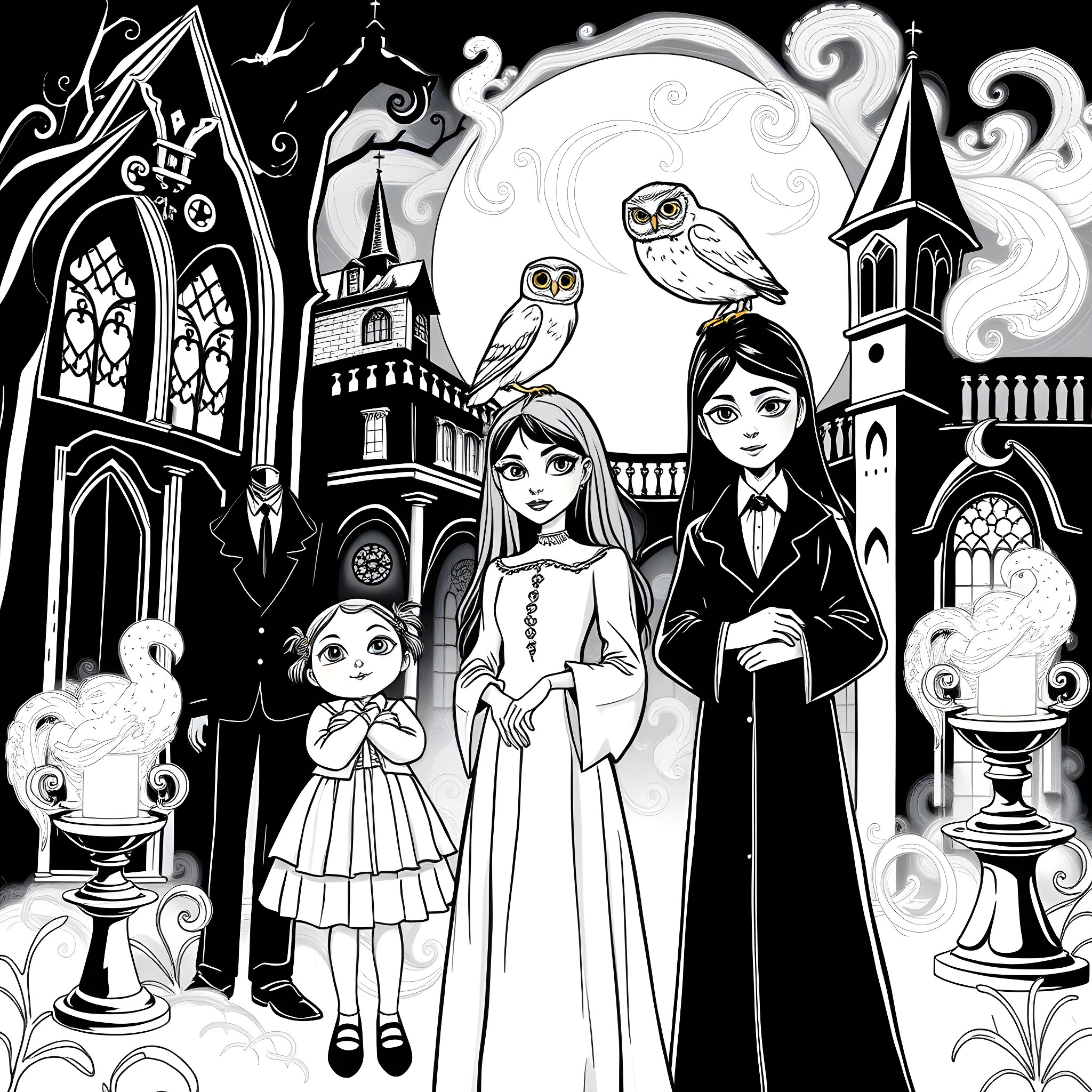 Wednesday Addams and family in a gothic setting Coloring Page (free black-and-white line drawing printable PDF for all, from beginners to advanced learners, including children, teens, adults, and seniors)