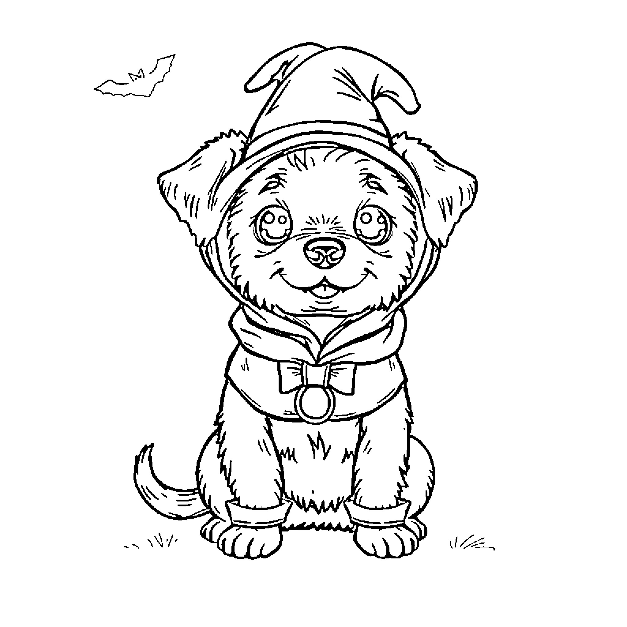 Dog dressed up as Halloween character Coloring Page (free black-and-white line drawing printable PDF for all, from beginners to advanced learners, including children, teens, adults, and seniors)