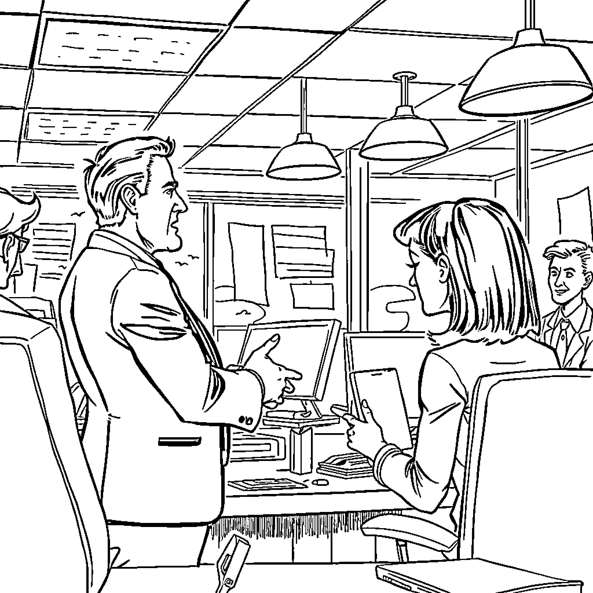 Boss Discussing Business with Colleagues in Office Coloring Page (free black-and-white line drawing printable PDF for all, from beginners to advanced learners, including children, teens, adults, and seniors)