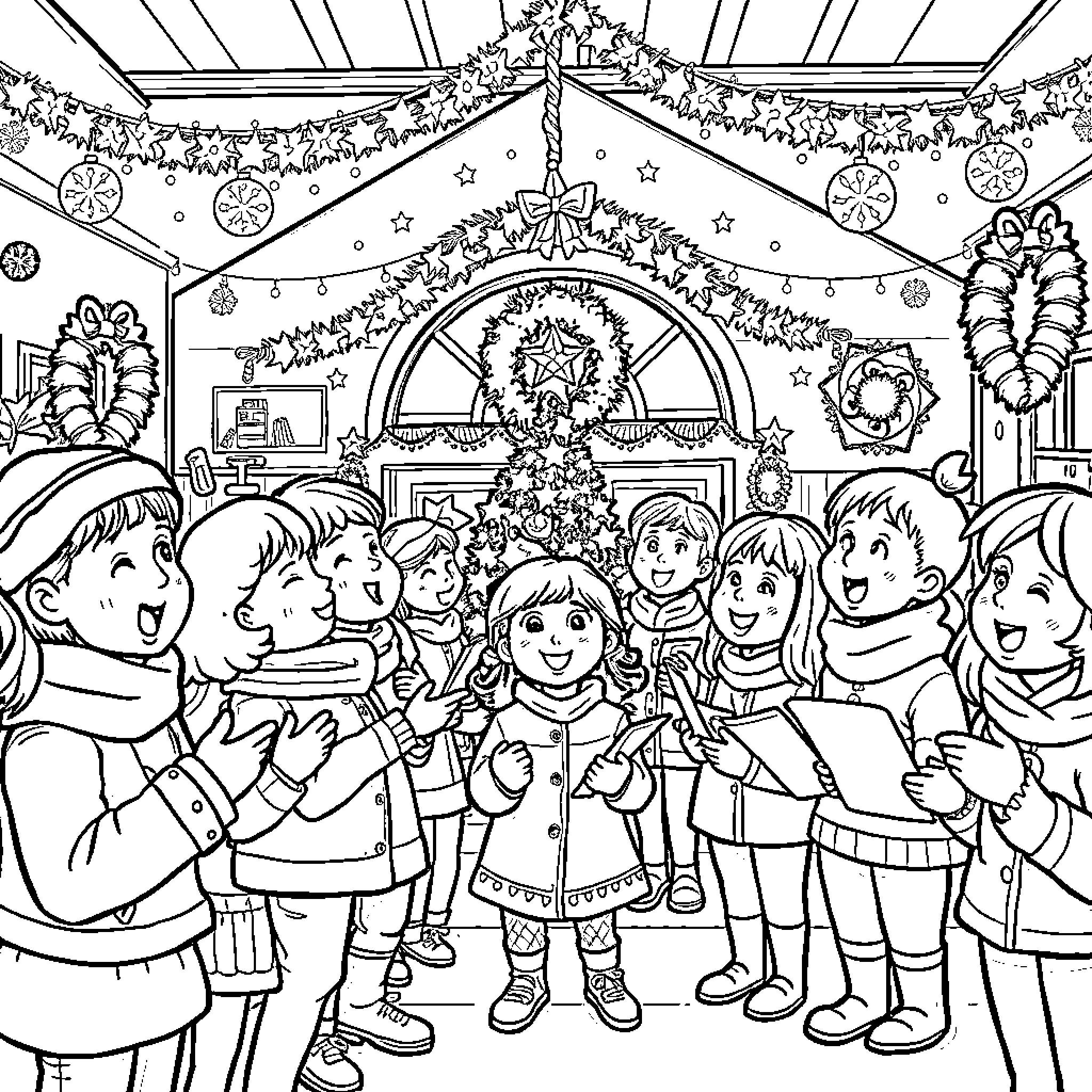 Christmas celebration with joyful children Coloring Page (free black-and-white line drawing printable PDF for all, from beginners to advanced learners, including children, teens, adults, and seniors)