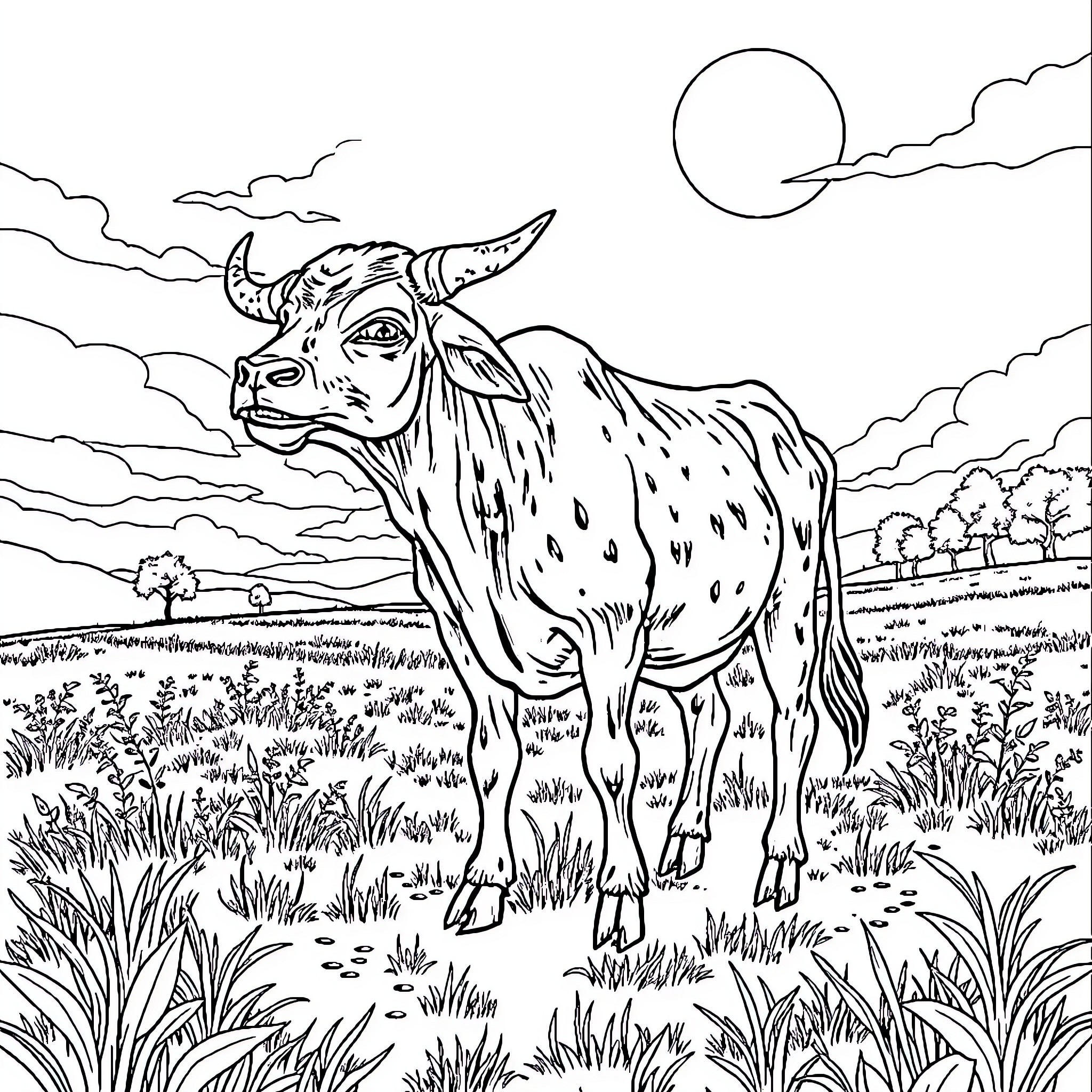 Zombie Cow standing in a rural landscape Coloring Page (free black-and-white line drawing printable PDF for all, from beginners to advanced learners, including children, teens, adults, and seniors)