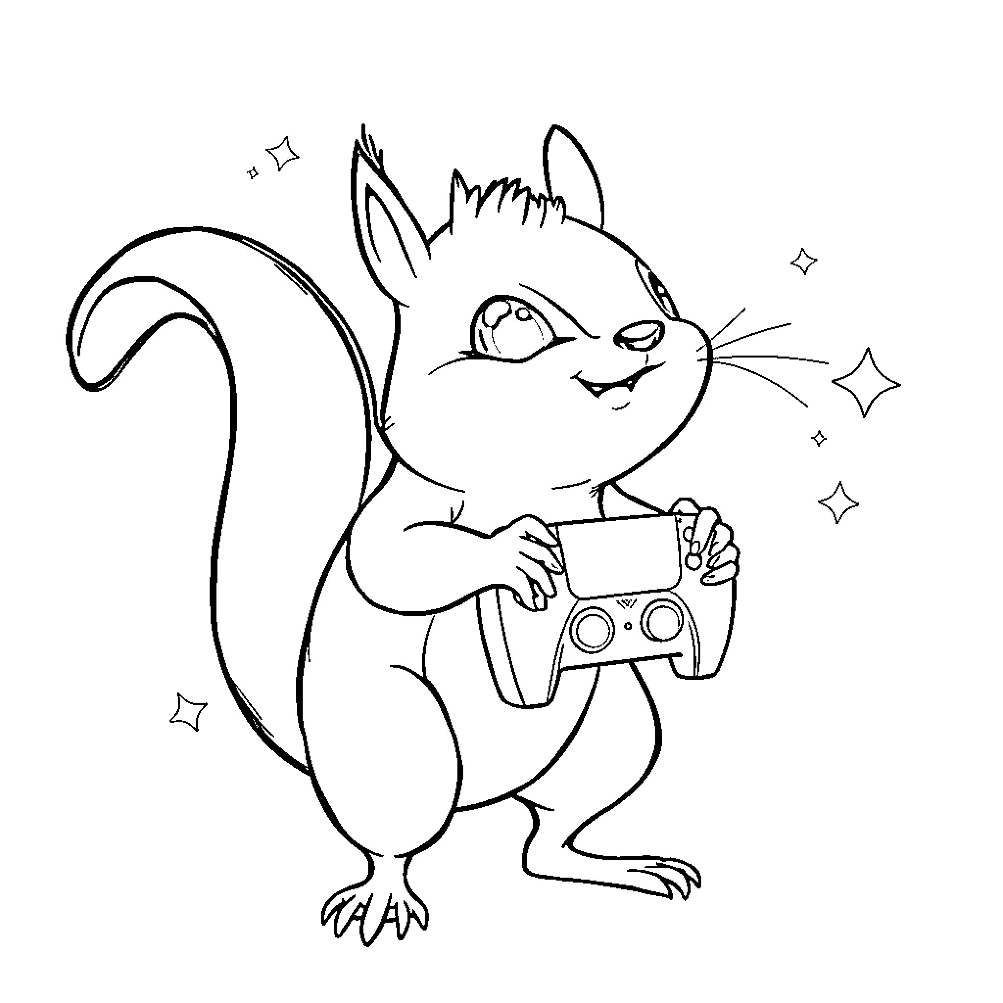 Sprunki the Gamer Squirrel Coloring Page (free black-and-white line drawing printable PDF for all, from beginners to advanced learners, including children, teens, adults, and seniors)