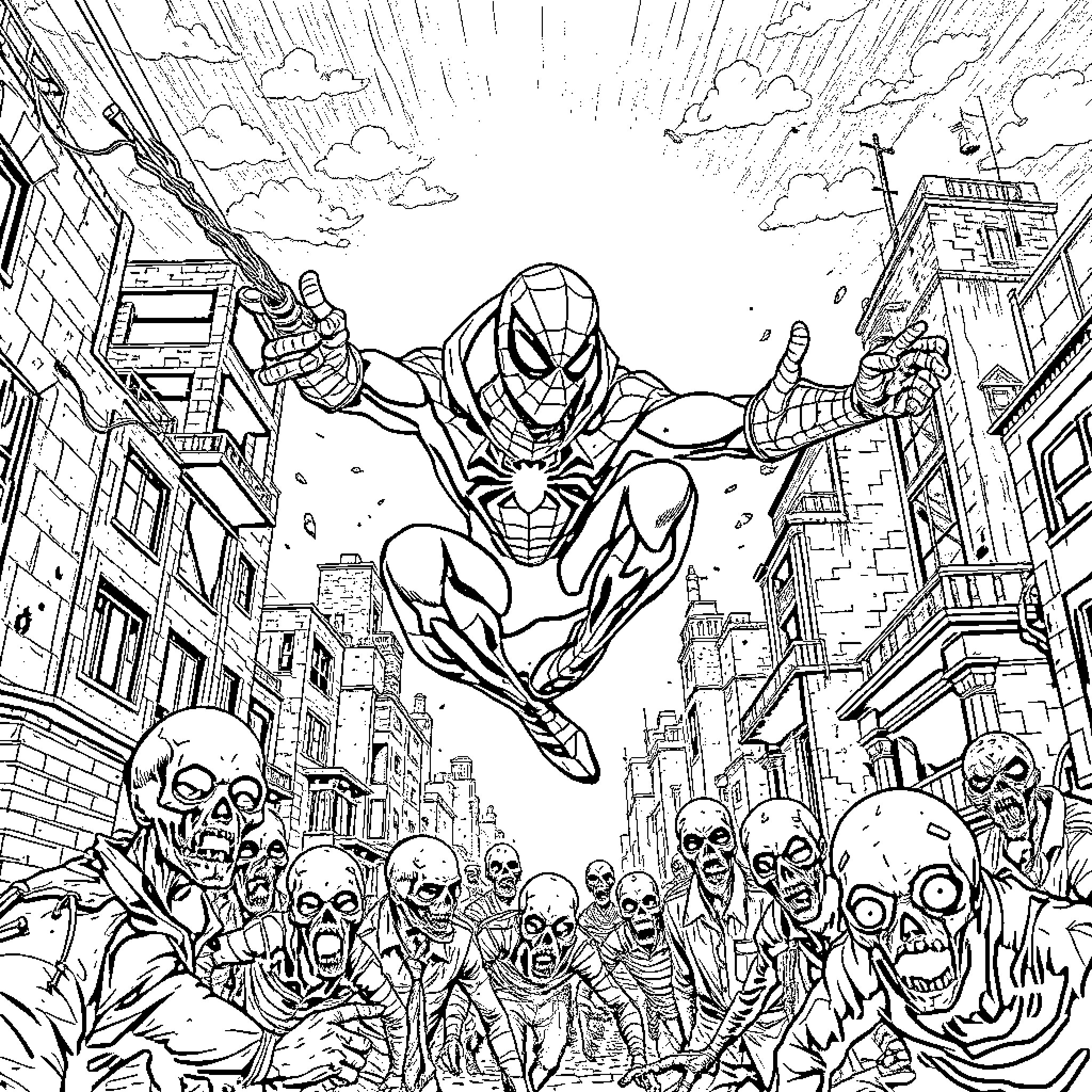 Spiderman's epic battle with villains in the city Coloring Page (free black-and-white line drawing printable PDF for all, from beginners to advanced learners, including children, teens, adults, and seniors)