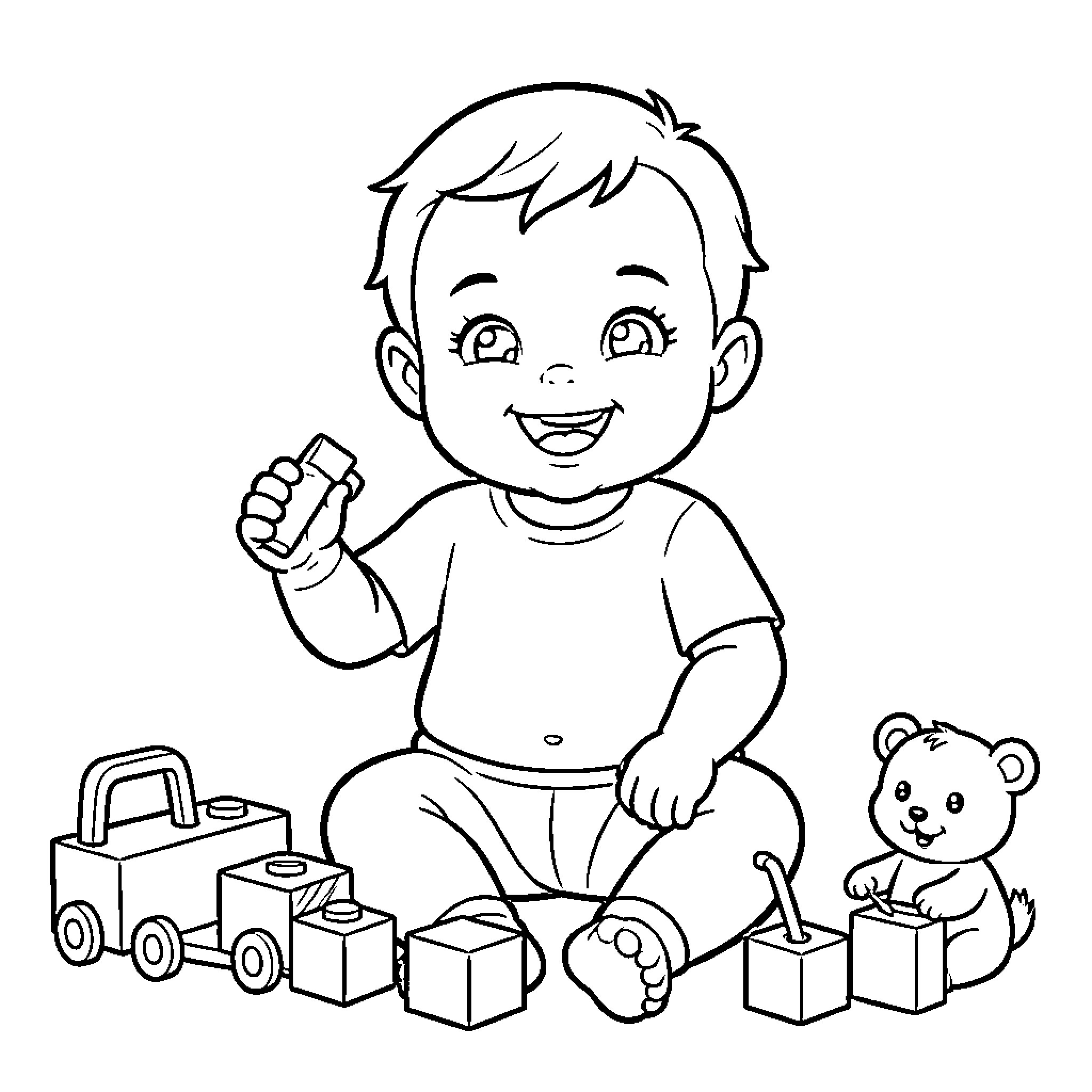 Baby playing happily with toys and blocks Coloring Page (free black-and-white line drawing printable PDF for all, from beginners to advanced learners, including children, teens, adults, and seniors)