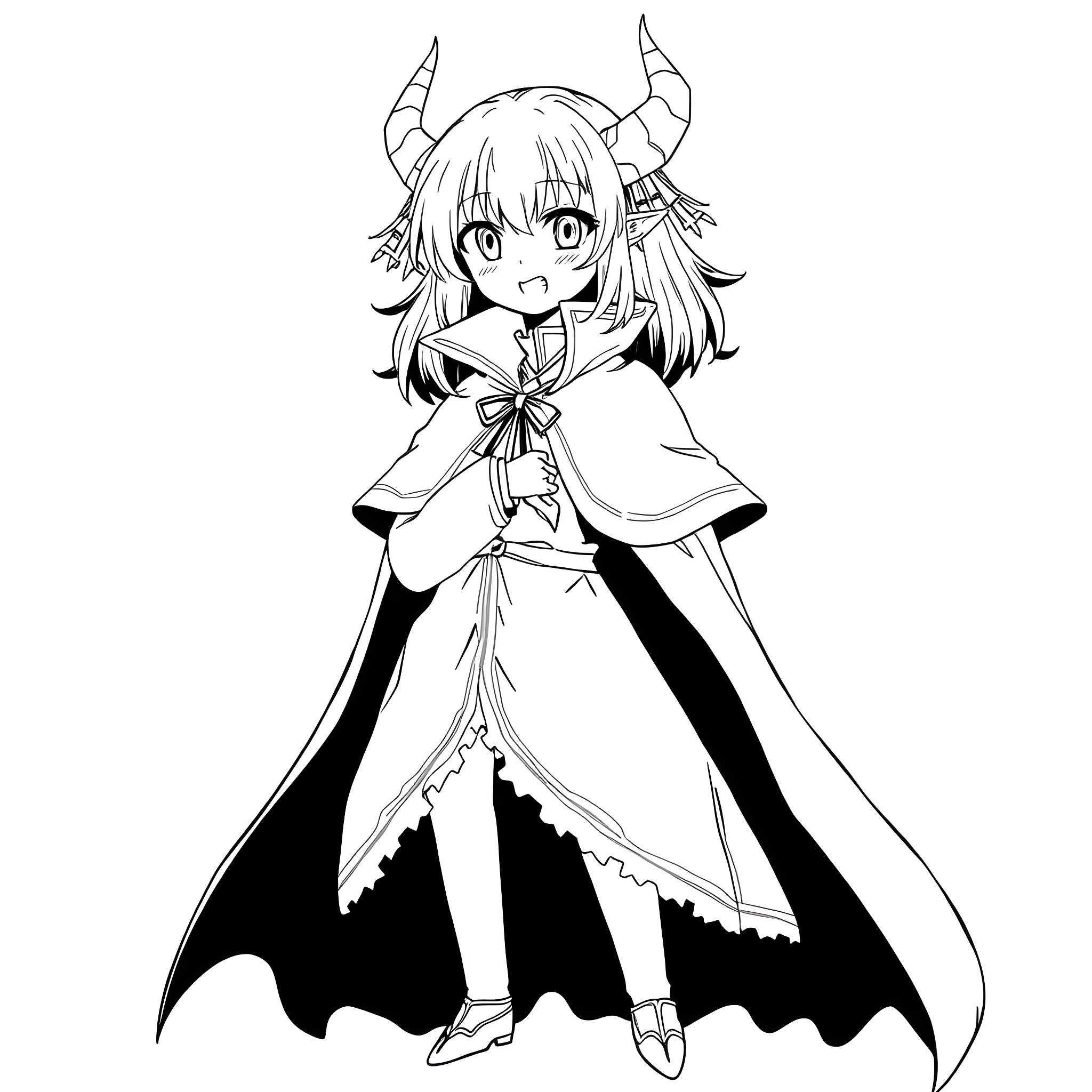 Mitsuri Kanroji in Demonic Attire with Horns Coloring Page (free black-and-white line drawing printable PDF for all, from beginners to advanced learners, including children, teens, adults, and seniors)