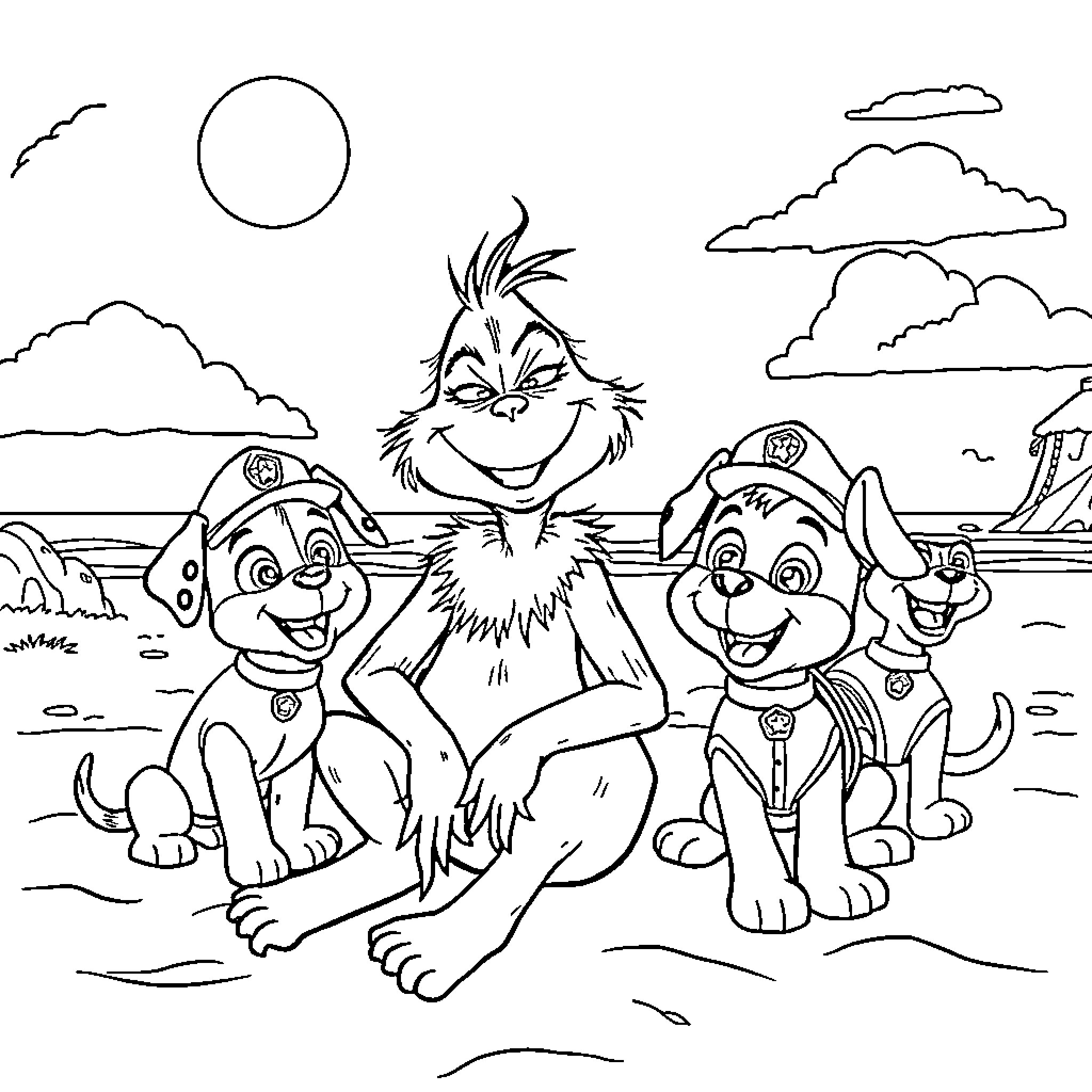 Grinch and his friends enjoying the outdoors Coloring Page (free black-and-white line drawing printable PDF for all, from beginners to advanced learners, including children, teens, adults, and seniors)