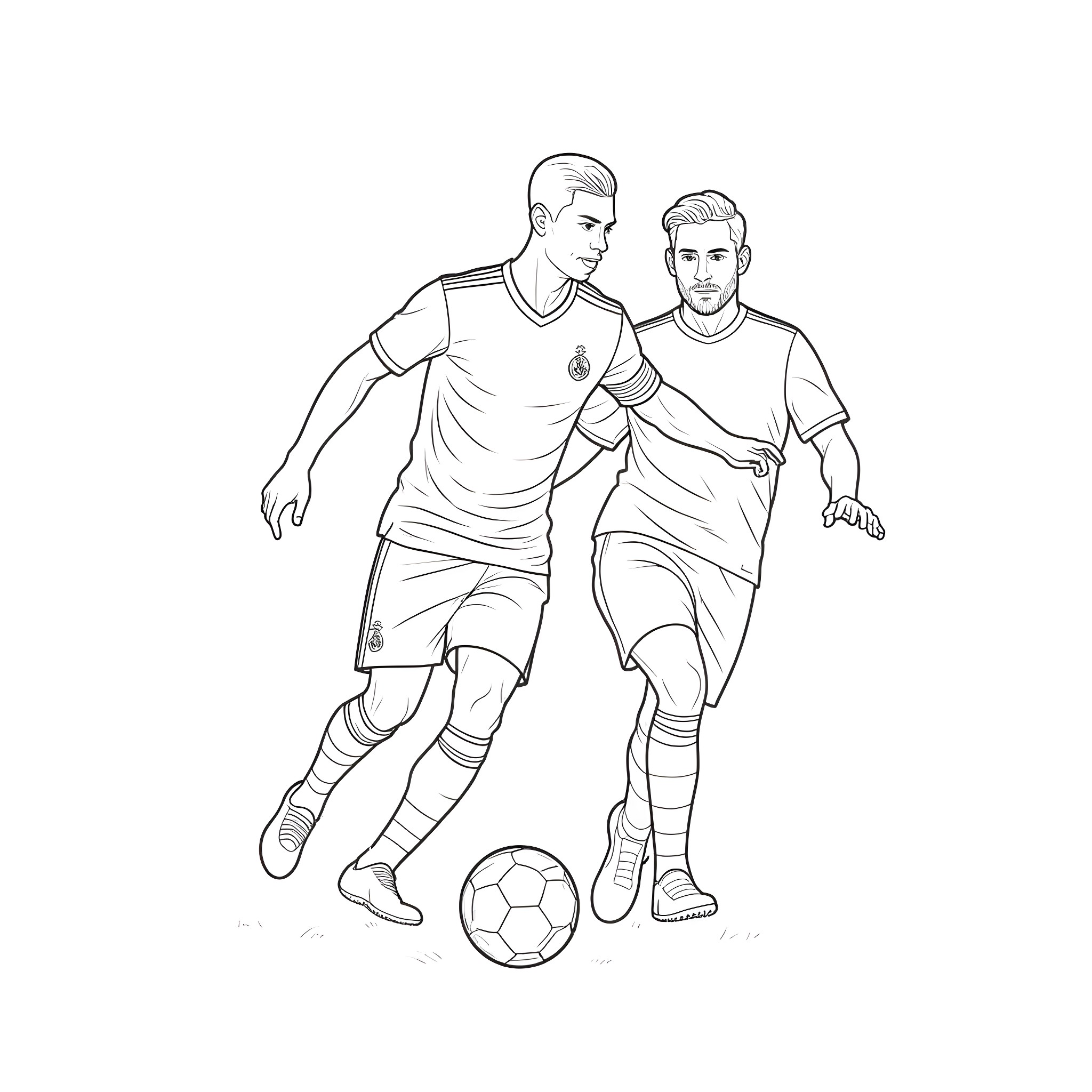Ronaldo and teammate playing soccer on field Coloring Page (free black-and-white line drawing printable PDF for all, from beginners to advanced learners, including children, teens, adults, and seniors)
