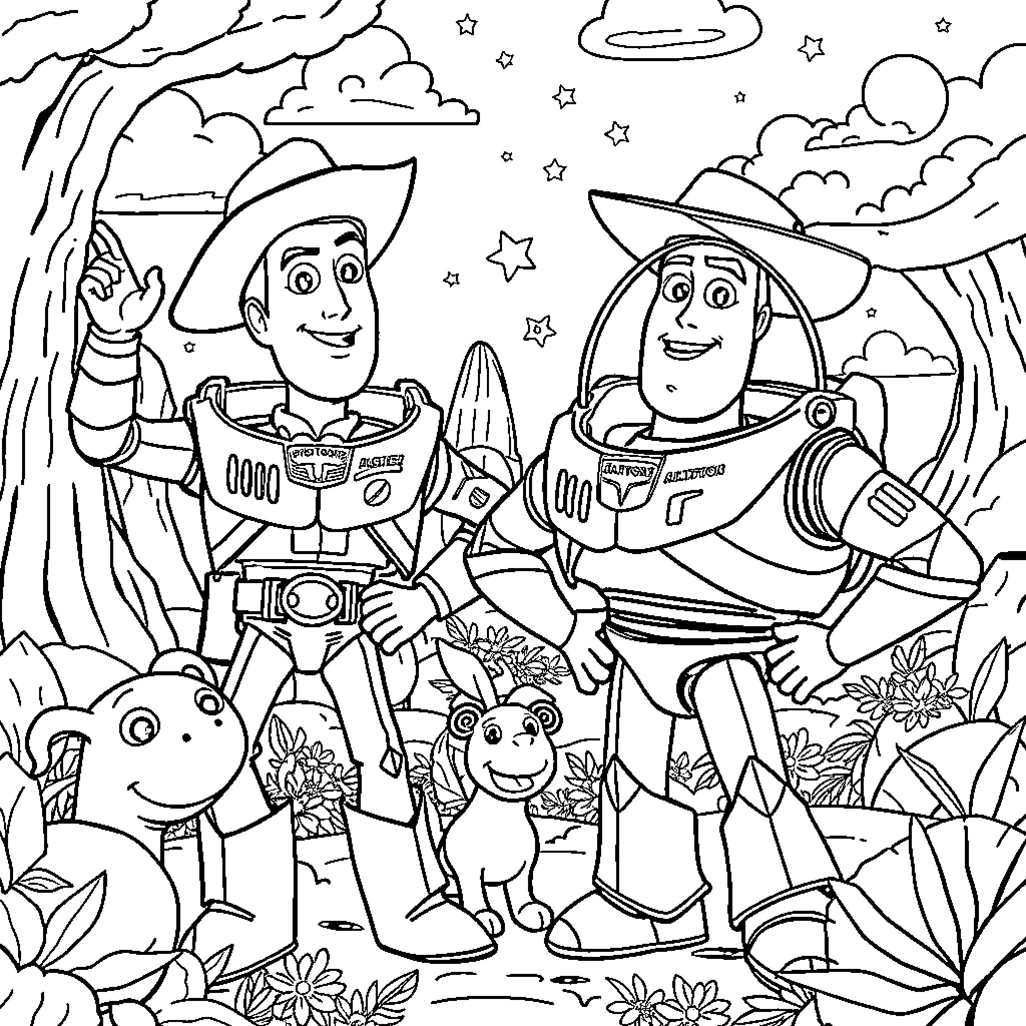 Toy Story Characters in an Adventurous Outdoor Scene Coloring Page (free black-and-white line drawing printable PDF for all, from beginners to advanced learners, including children, teens, adults, and seniors)