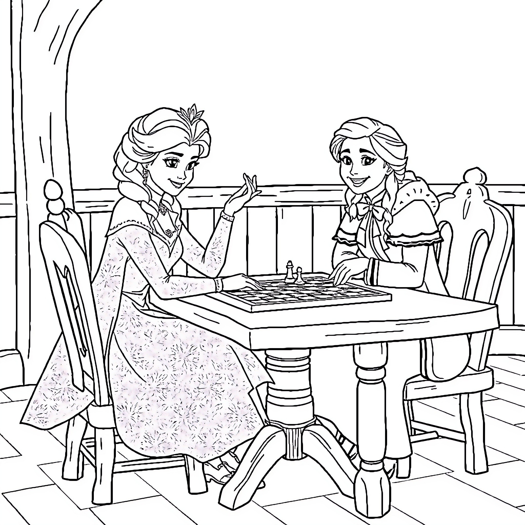 Queen Sisters Enjoying Board Game in Palace Coloring Page (free black-and-white line drawing printable PDF for all, from beginners to advanced learners, including children, teens, adults, and seniors)