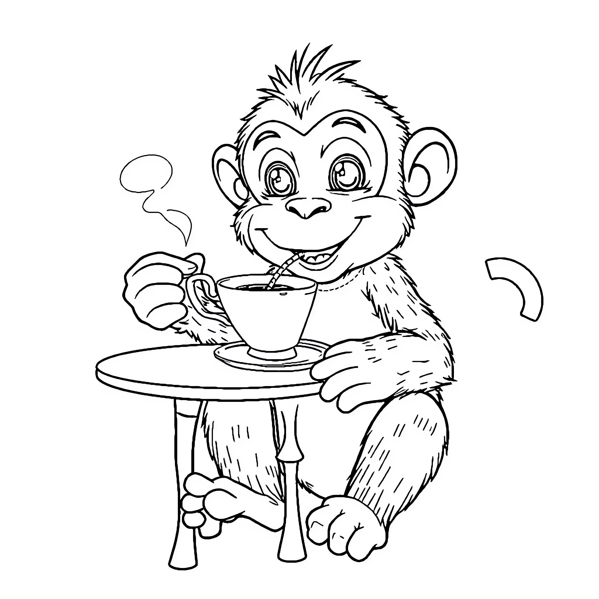 Monkey enjoying a warm beverage on a table Coloring Page (free black-and-white line drawing printable PDF for all, from beginners to advanced learners, including children, teens, adults, and seniors)
