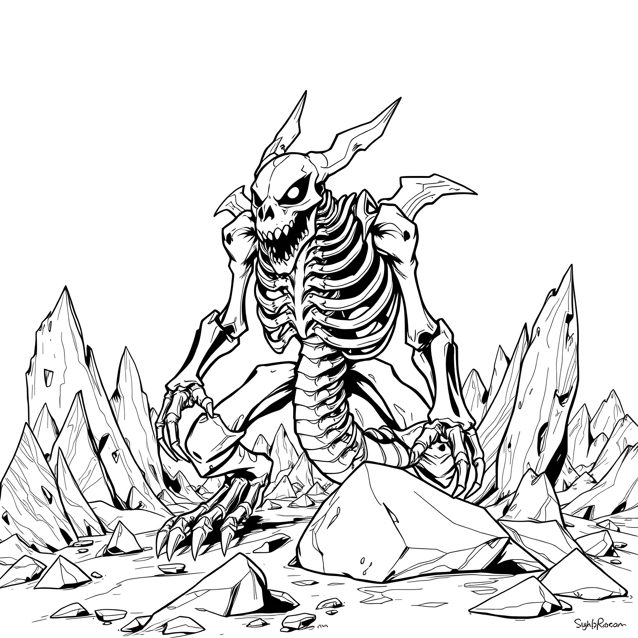 Skullgreymon stalking in the desolate wasteland Coloring Page (free black-and-white line drawing printable PDF for all, from beginners to advanced learners, including children, teens, adults, and seniors)