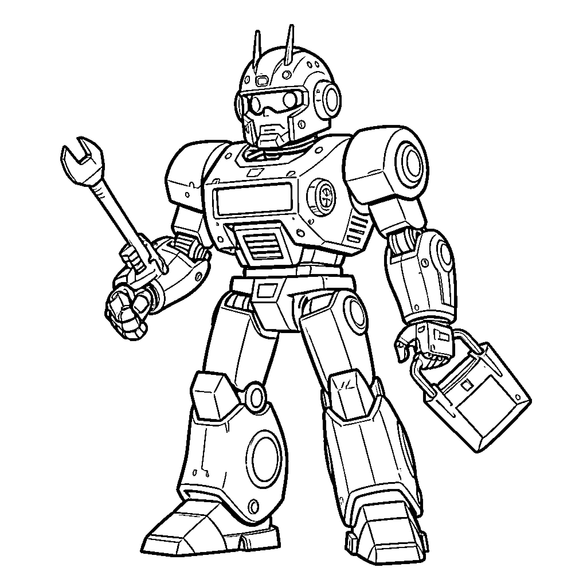 Robot holding a wrench and a toolbox Coloring Page (free black-and-white line drawing printable PDF for all, from beginners to advanced learners, including children, teens, adults, and seniors)